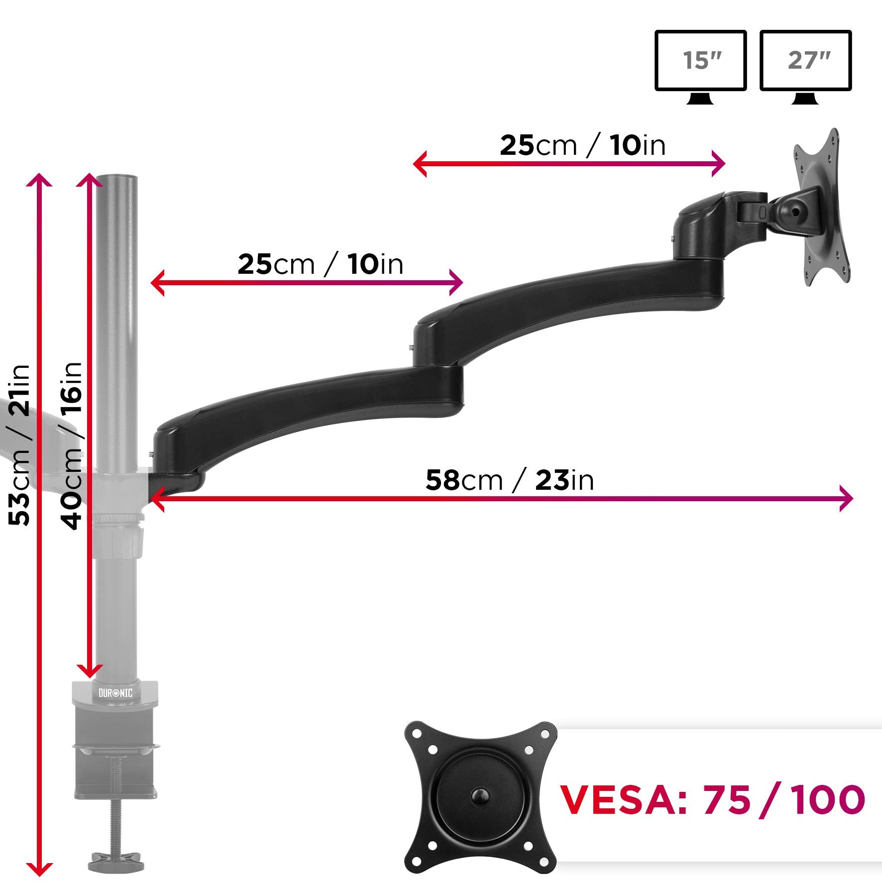 Zoomgoods Monitor Arm Stand DM452 | Double PC Desk Mount | Aluminium | Height Adjustable | For Two 15-27 LED LCD Screens | VESA 75/100 | 8kg Per Screen | Tilt -90°/-45°, Rotate 360°