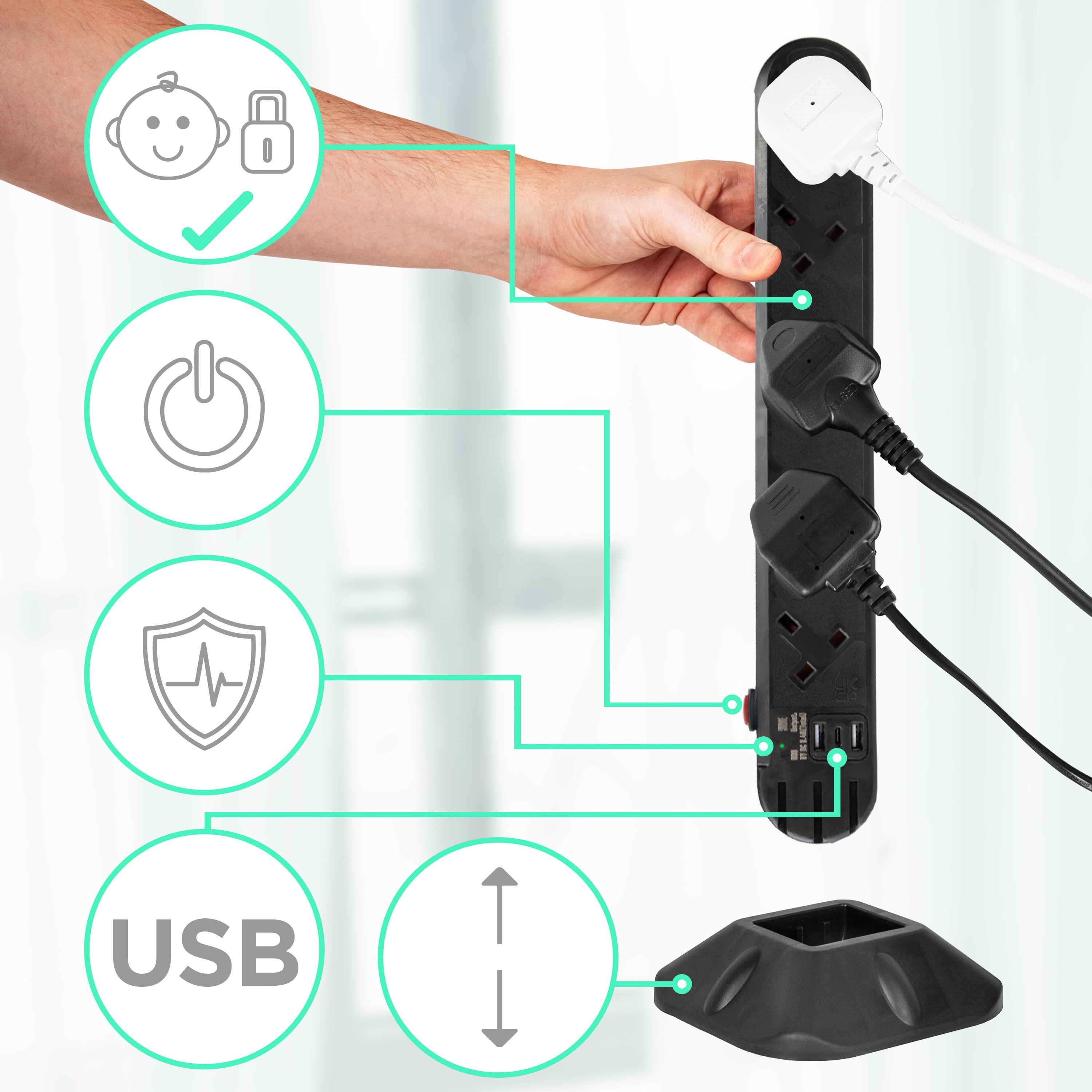 Zoomgoods ST10B extension lead 10 socket multiplug with child safety lock, on switch, surge protected and usb sockets with stand