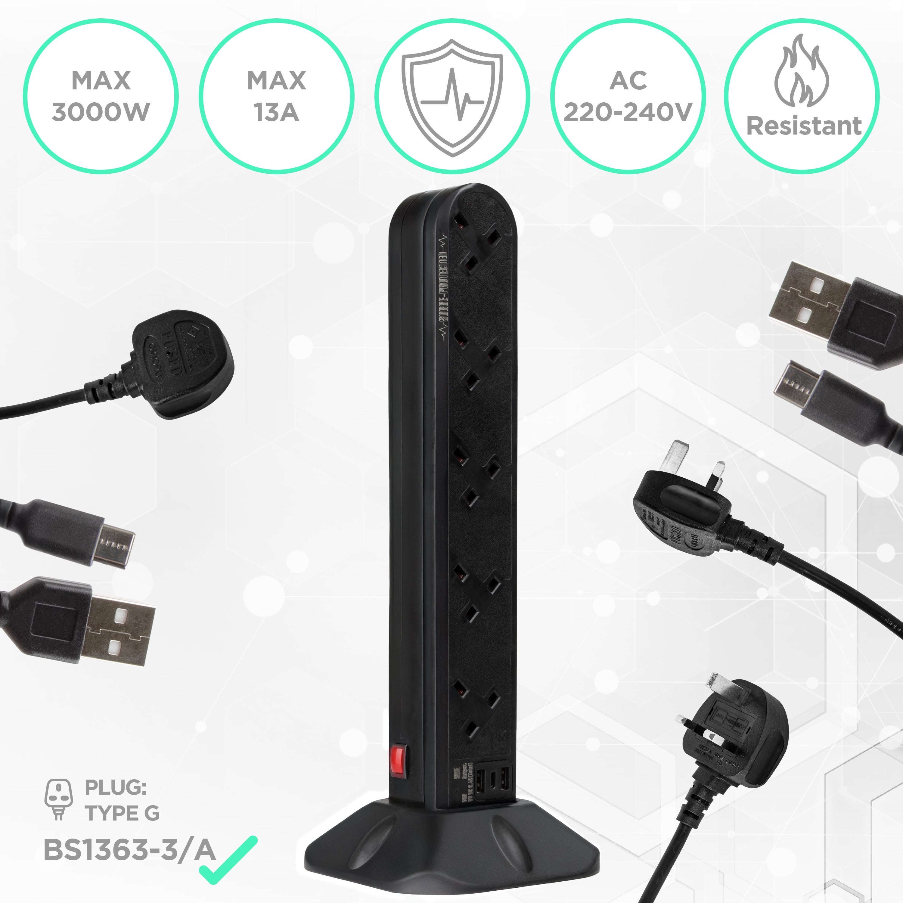 Zoomgoods ST10B surge tower max 3000W wattage surge protected and flame resistant tower extension lead