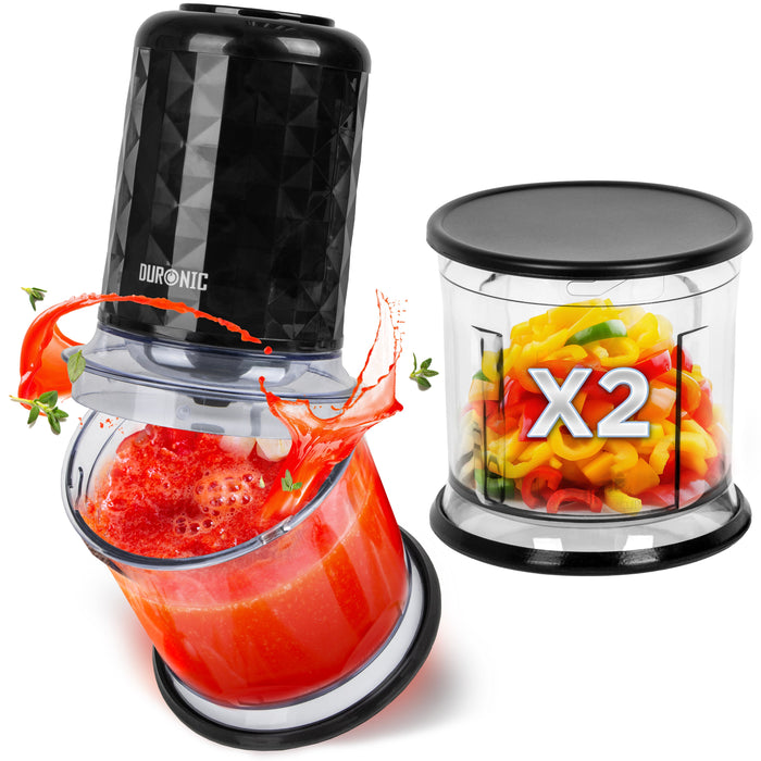 Zoomgoods CH57 BK mini food chopper with sauce and peppers in the 2 bowls provided