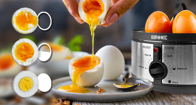 Front view of the Zoomgoods EB35 electric egg boiler, making soft boiled eggs with delicious runny yolk oozing