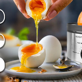 Front view of the Zoomgoods EB35 electric egg boiler, making soft boiled eggs with delicious runny yolk oozing