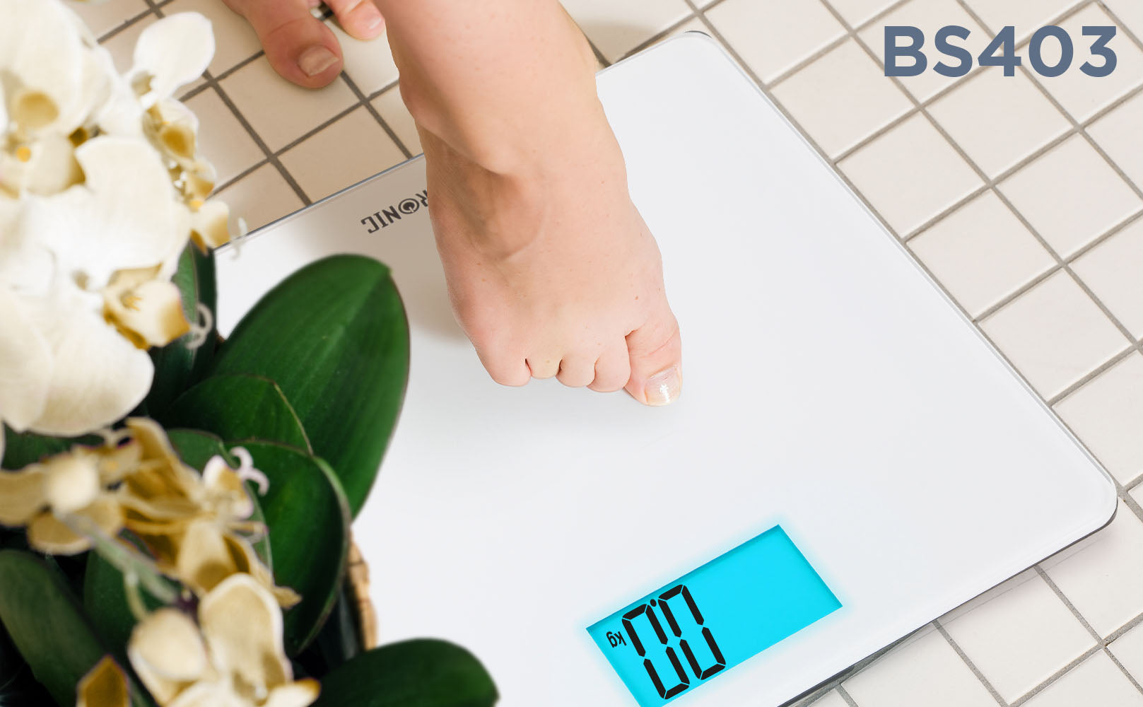 Zoomgoods BS403 digital weighing scale preparing to measure weight on bathroom tile floor