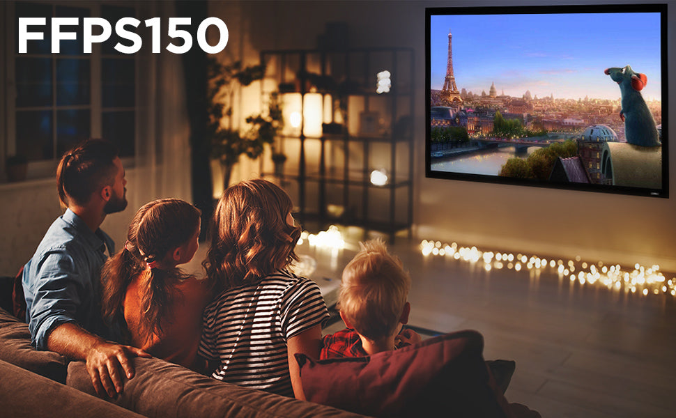 Family watching Ratatouille on couch using the Zoomgoods FFPS150 projector screen