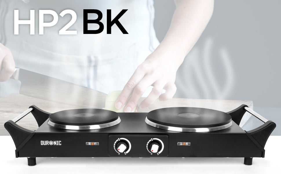 Zoomgoods HP2 BK twin hot plate ready to cook food shown in background
