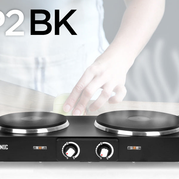 Zoomgoods HP2 BK twin hot plate ready to cook food shown in background