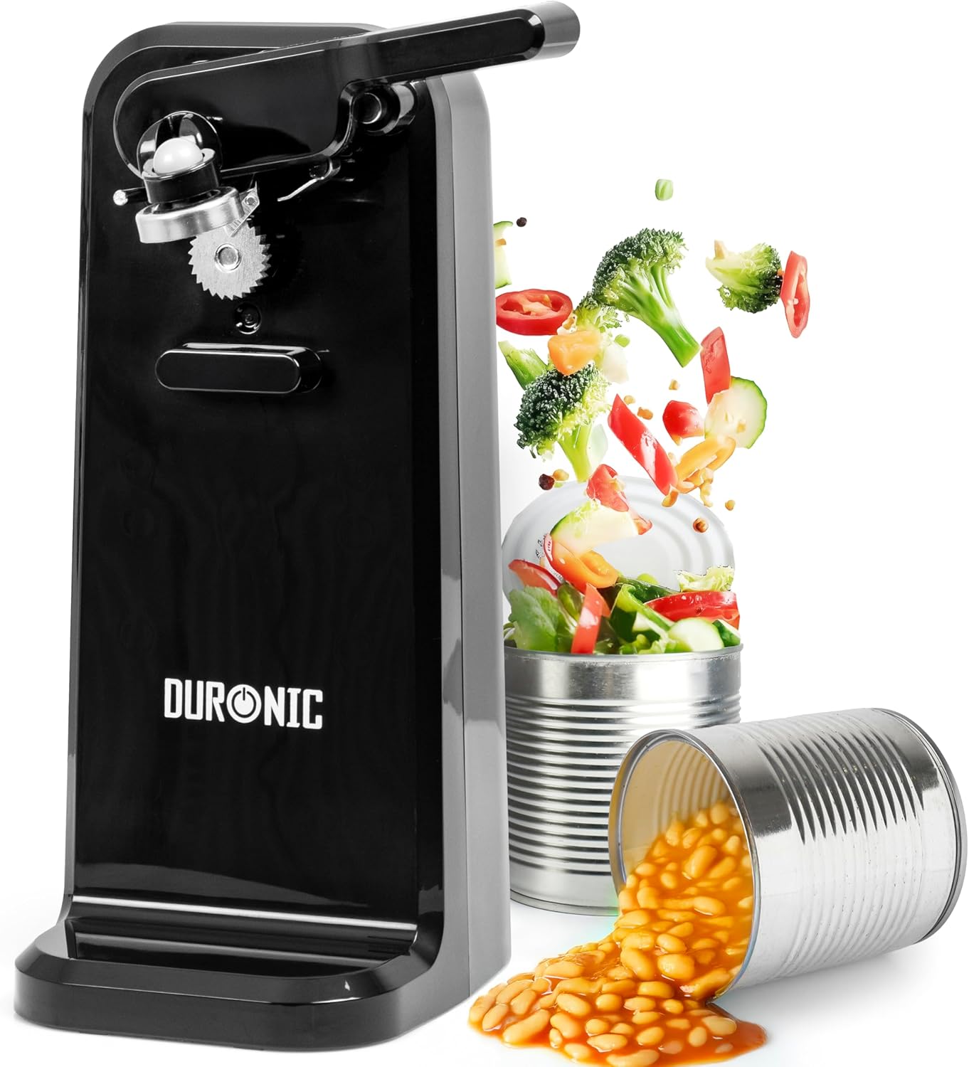 Zoomgoods CO40 BK electric can opener alongside can of beans and vegetables