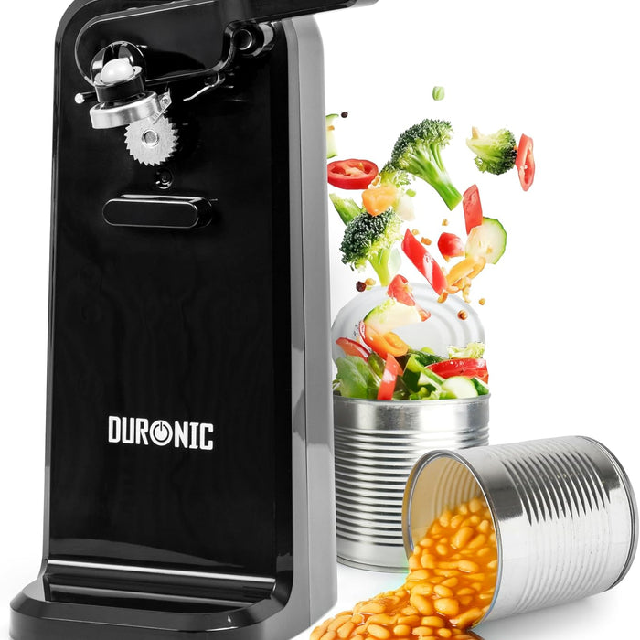 Zoomgoods CO40 BK electric can opener alongside can of beans and vegetables