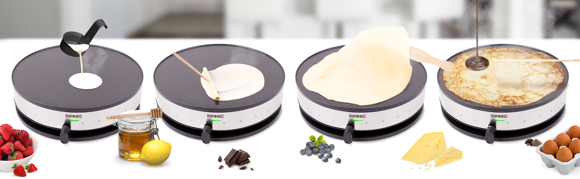 Zoomgoods PM131 electric crepe maker showing a how-to for delicious crepes