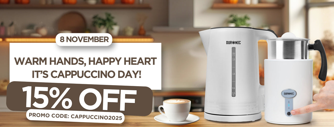 National Cappuccino Day 2025 featuring the Zoomgoods electric kettle and electric milk frother