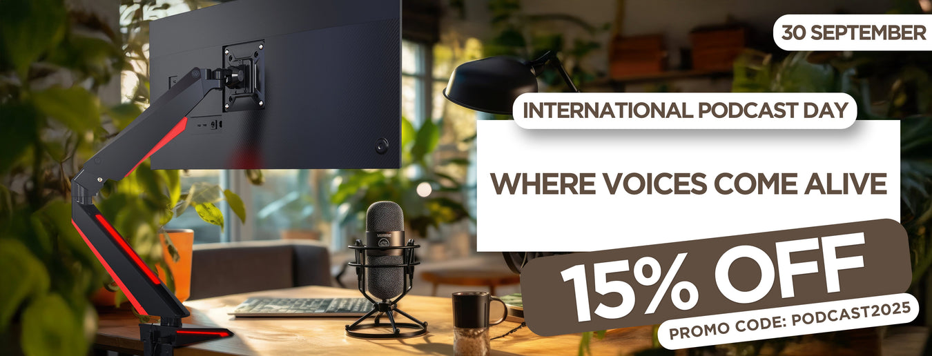 International Podcast Day 2025 showcasing a Zoomgoods desk mount and a microphone