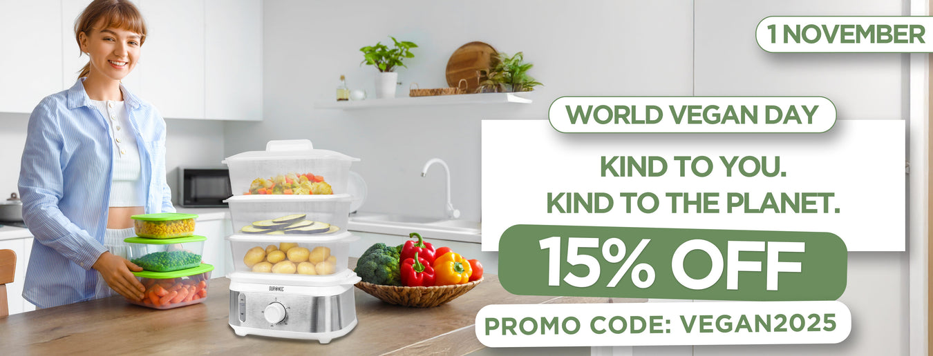 World Vegan Day 2025 shown being promoted using the Zoomgoods FS95 electric food steamer