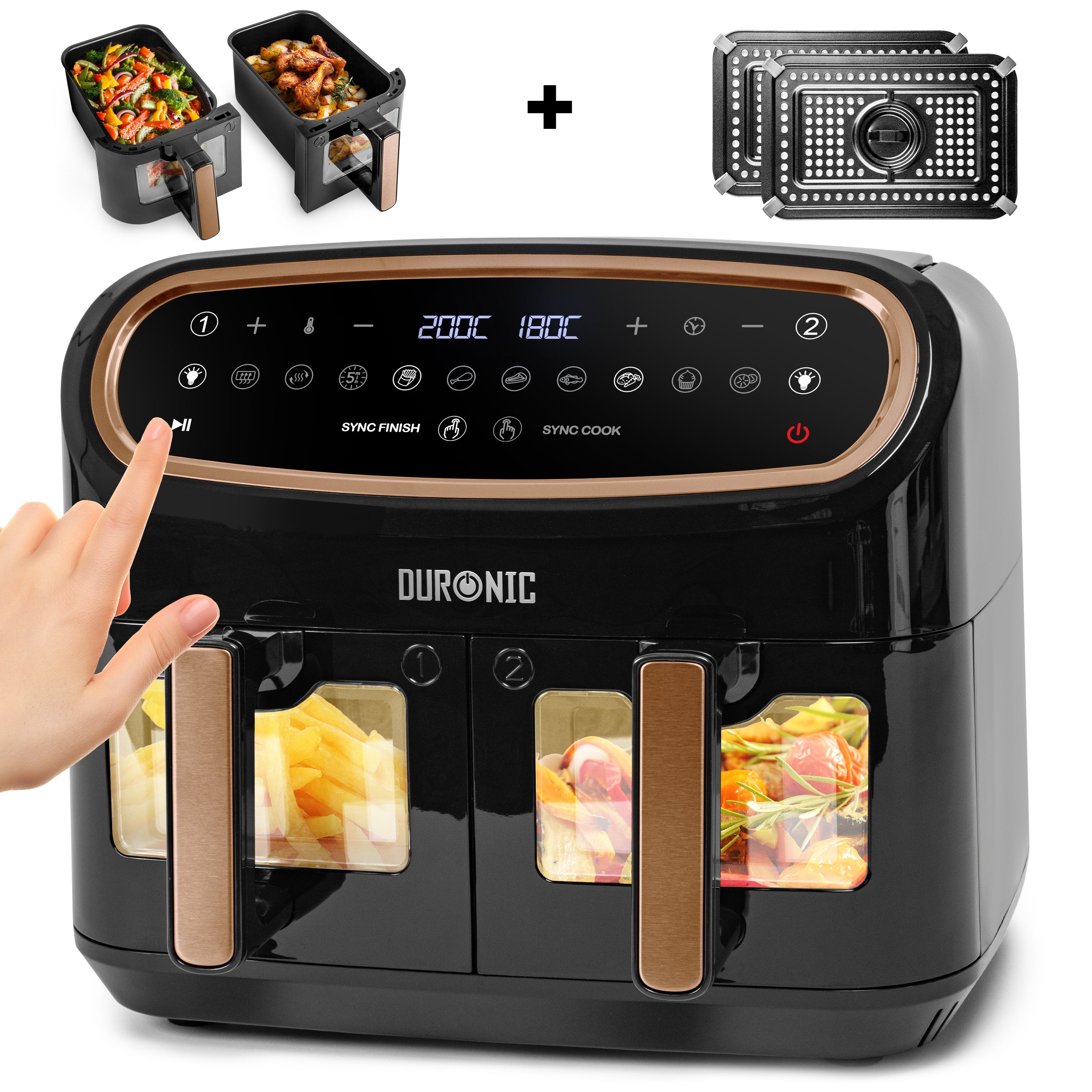 Zoomgoods XXL Digital Air Fryer AF24 BG 10L Family Size Air Fryers Double Drawer 10in1 Dual Zone Extra Large AirFryer with Window for Cooking with Dishwasher Safe Non-Stick Baskets Black & Gold
