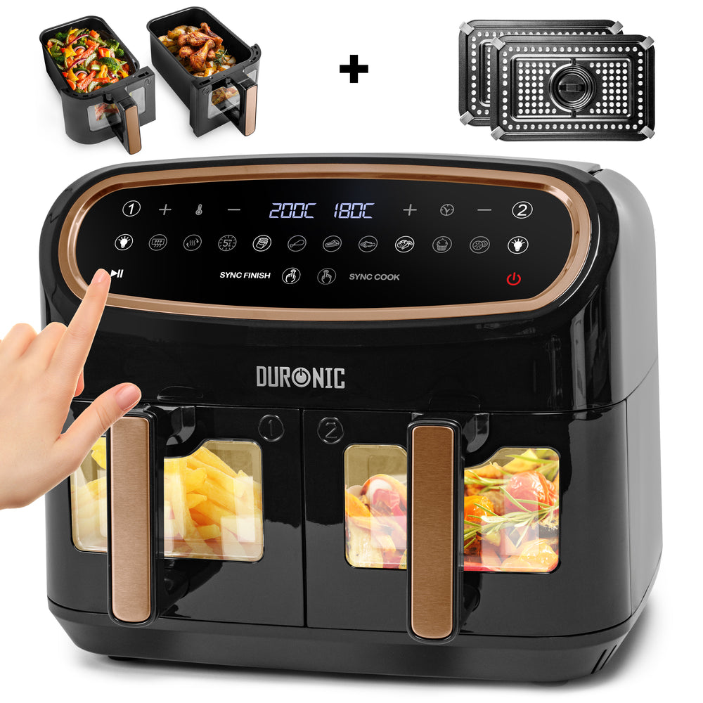 Zoomgoods XXL Digital Air Fryer AF24 BG 10L Family Size Air Fryers Double Drawer 10in1 Dual Zone Extra Large AirFryer with Window for Cooking with Dishwasher Safe Non-Stick Baskets Black & Gold