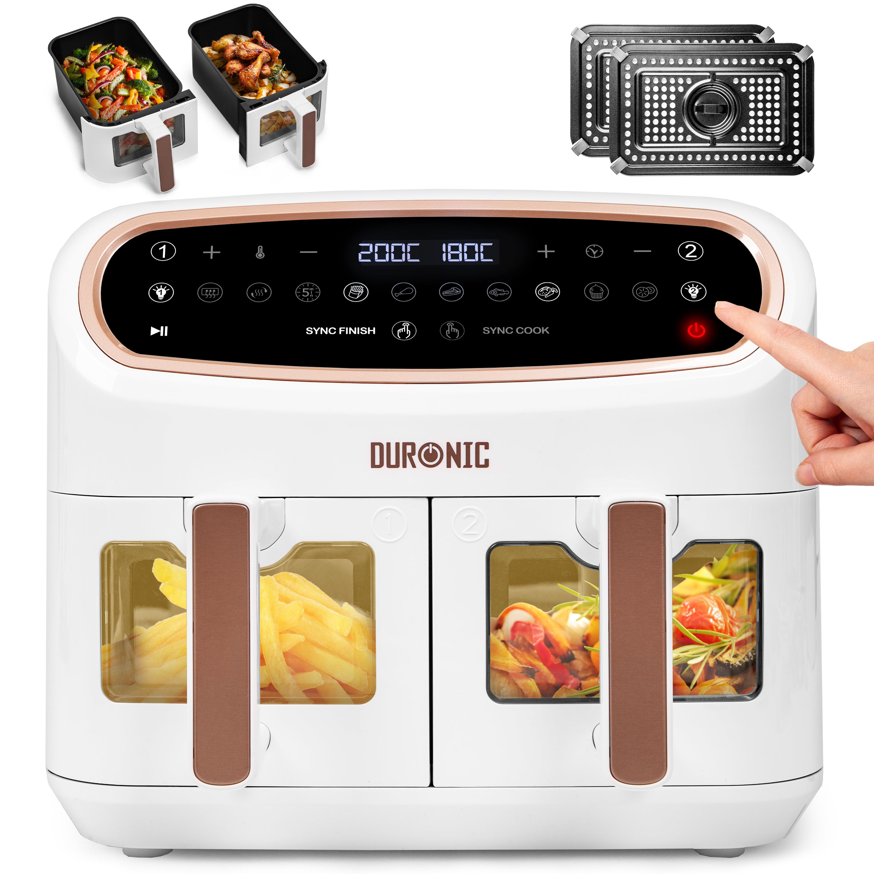 Zoomgoods XXL Digital Air Fryer AF24 WG 10L Family Size Air Fryers Oil Free Double Drawer 10in1 Dual Zone Extra Large AirFryer with window for Family Cooking with Dishwasher Safe Non-Stick Baskets White