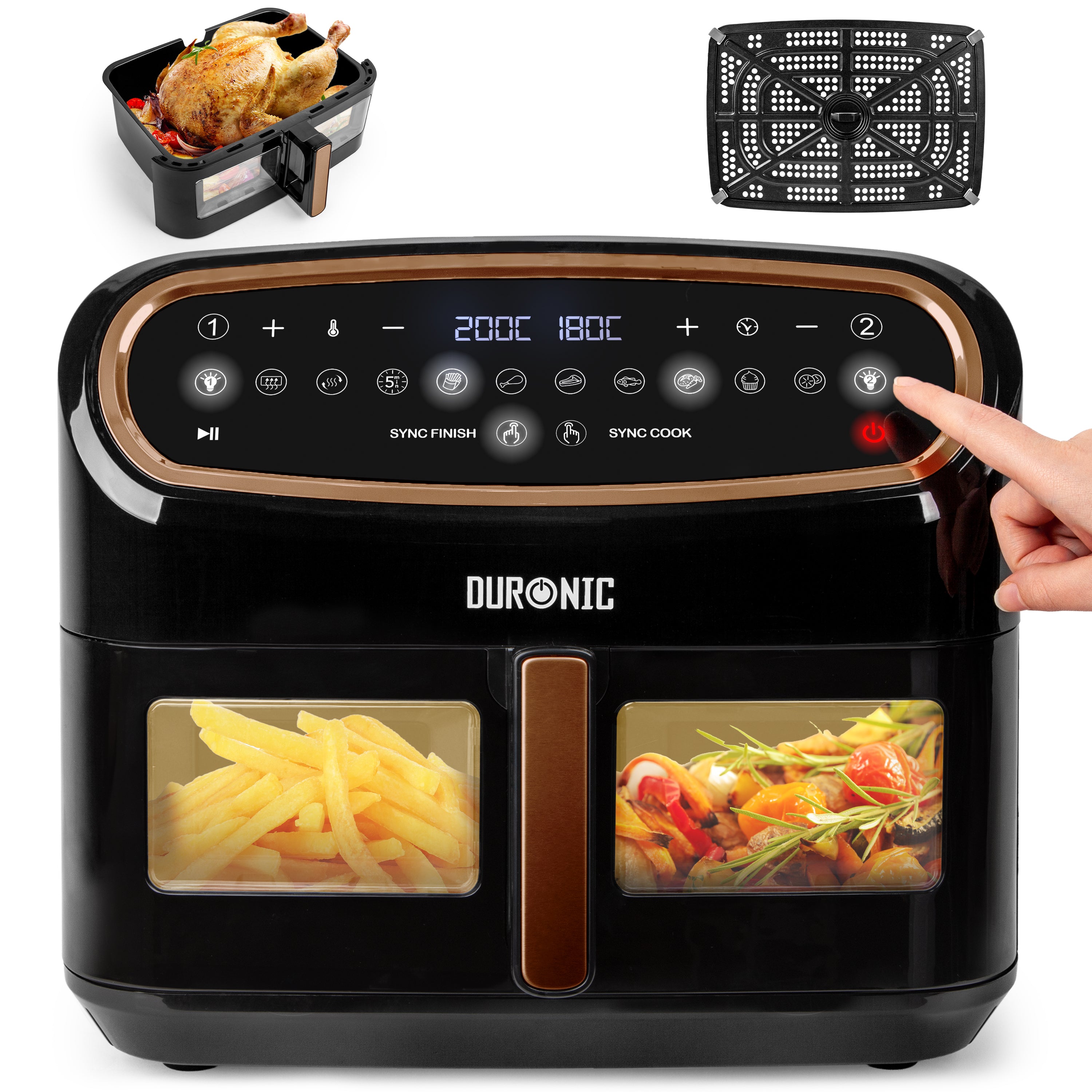 Zoomgoods XXL Digital Air Fryer AF14 BG 10L Family Size Air Fryers Double Drawer 10in1 Dual Zone Extra Large AirFryer with window for Family Cooking with Dishwasher Safe Non-Stick Basket Black & Gold