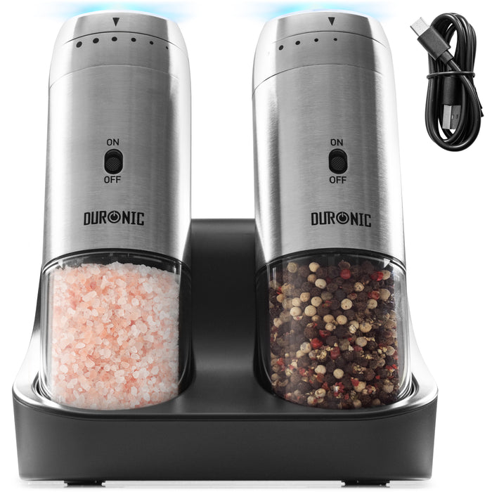 Zoomgoods EMU3 Electric Salt and Pepper Grinder Set 25W Two Automatic Gravity Salt Shakers Rechargeable Pepper Mills One Handed Spice Grinder with LED Light, Adjustable Coarseness