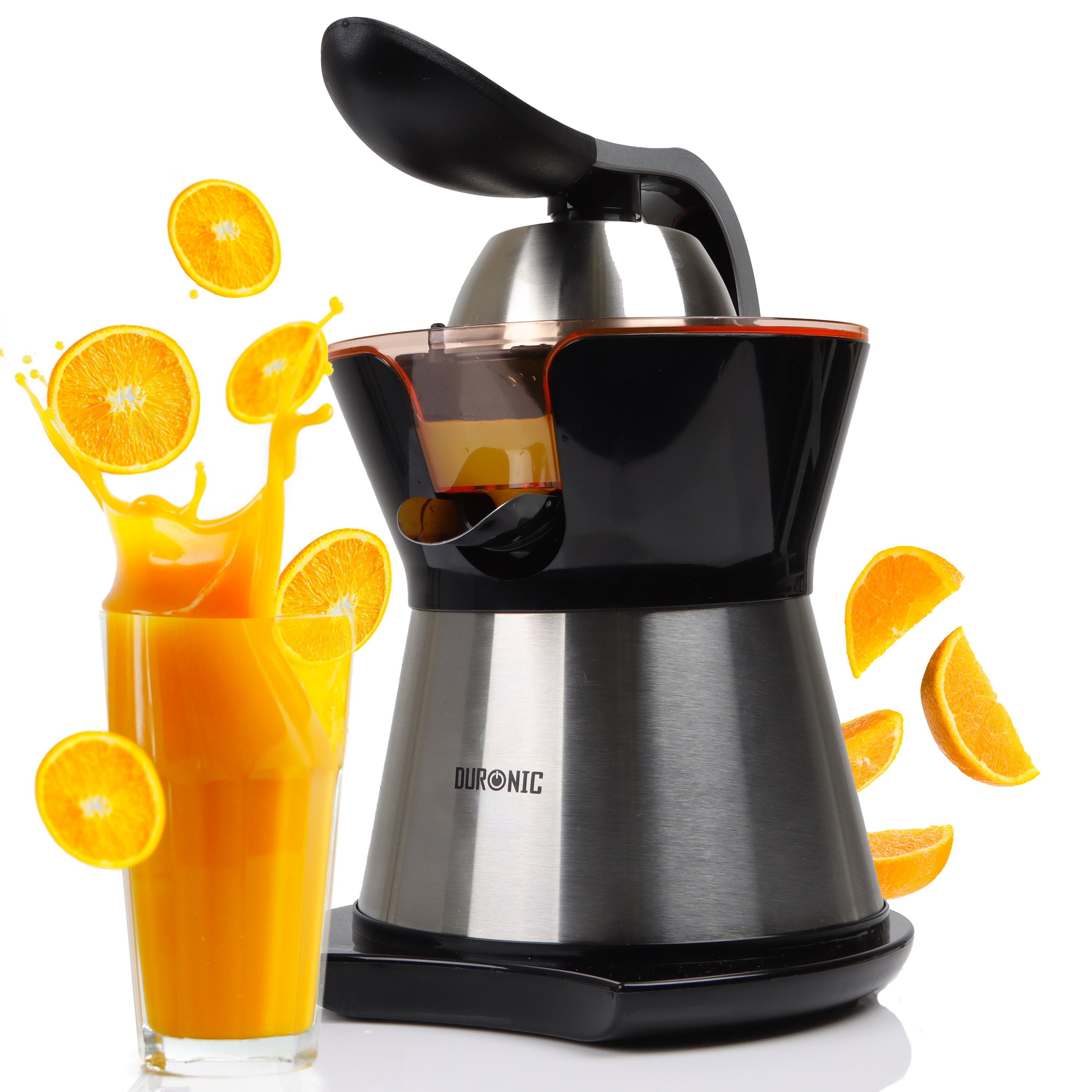 Zoomgoods Electric Citrus Juicer JE304, 2 Interchangeable Lemon Squeezer Cones, 300W Electric Hand Press with Adjustable Pulp Filter and Pouring Spout, Ideal for Fresh Orange, Lime juice