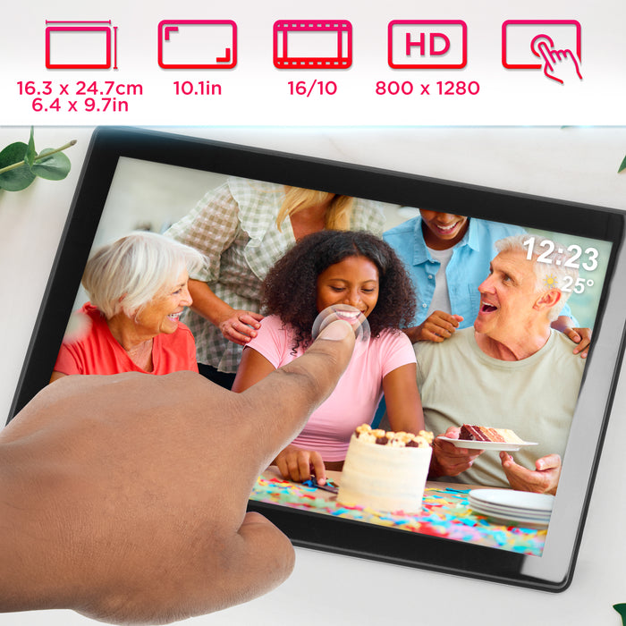 Zoomgoods Digital Photo Frame PF1D BK Frameo 10.1” Electronic Photo Album 800x1200 WiFi Photoframe Tablet with Phone App Touchscreen Video Player Picture Frame for Birthday Engagement Gifts Family Black