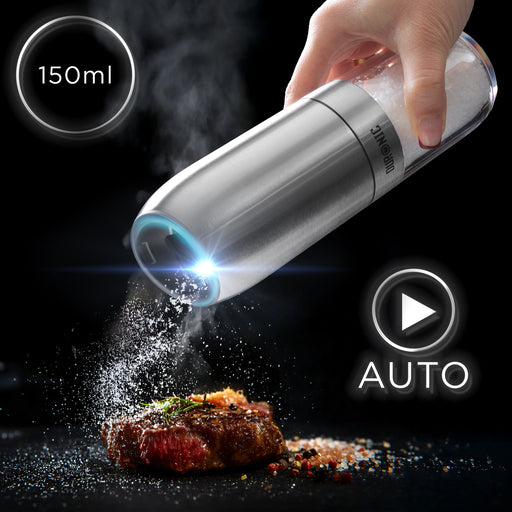 Zoomgoods EMB2 Electric Salt and Pepper Grinder Set 25W Two Automatic Gravity Salt Shakers Battery Powered Pepper Mills One Handed Spice Grinder with LED Light, Adjustable Coarseness