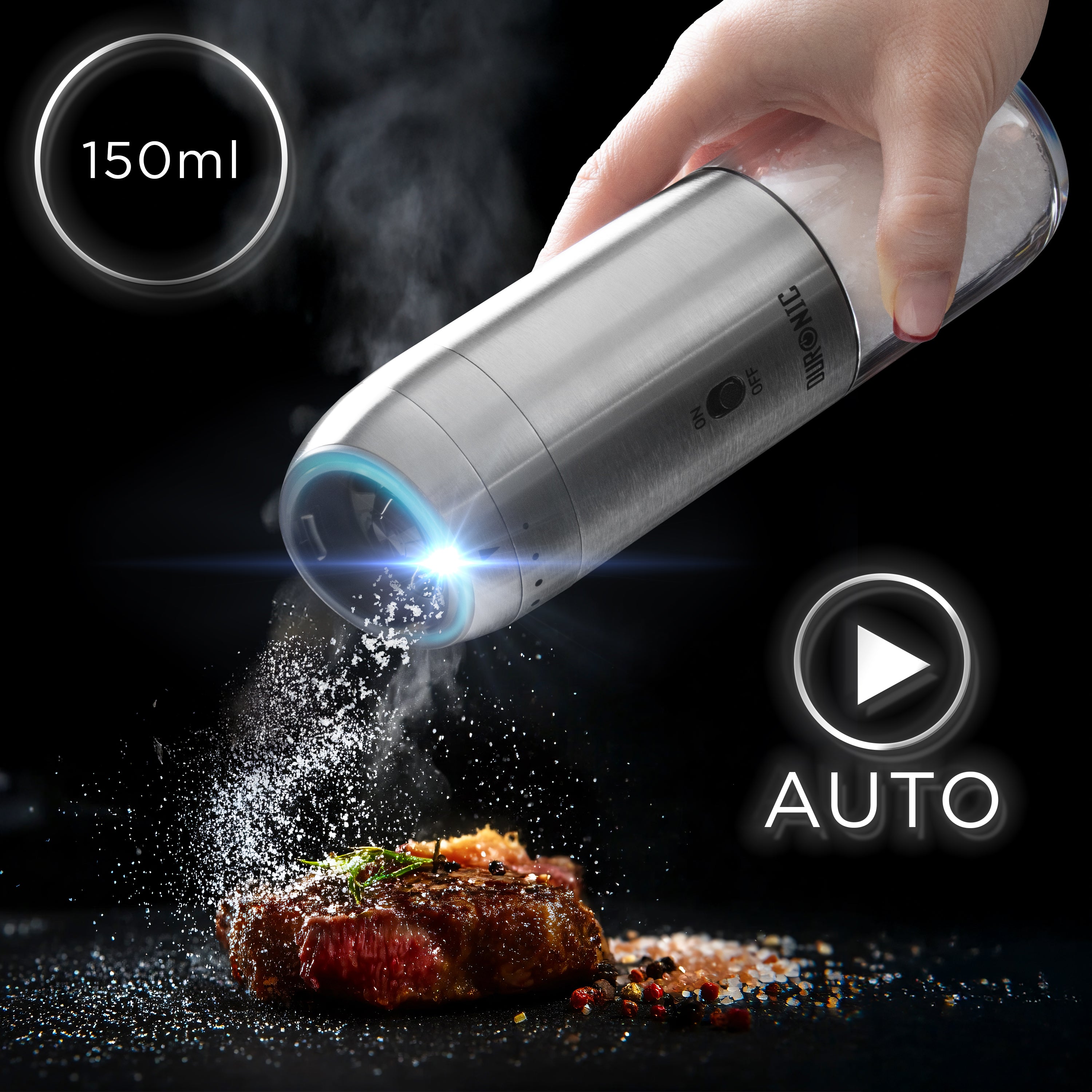 Zoomgoods EMU3 Electric Salt and Pepper Grinder Set 25W Two Automatic Gravity Salt Shakers Rechargeable Pepper Mills One Handed Spice Grinder with LED Light, Adjustable Coarseness