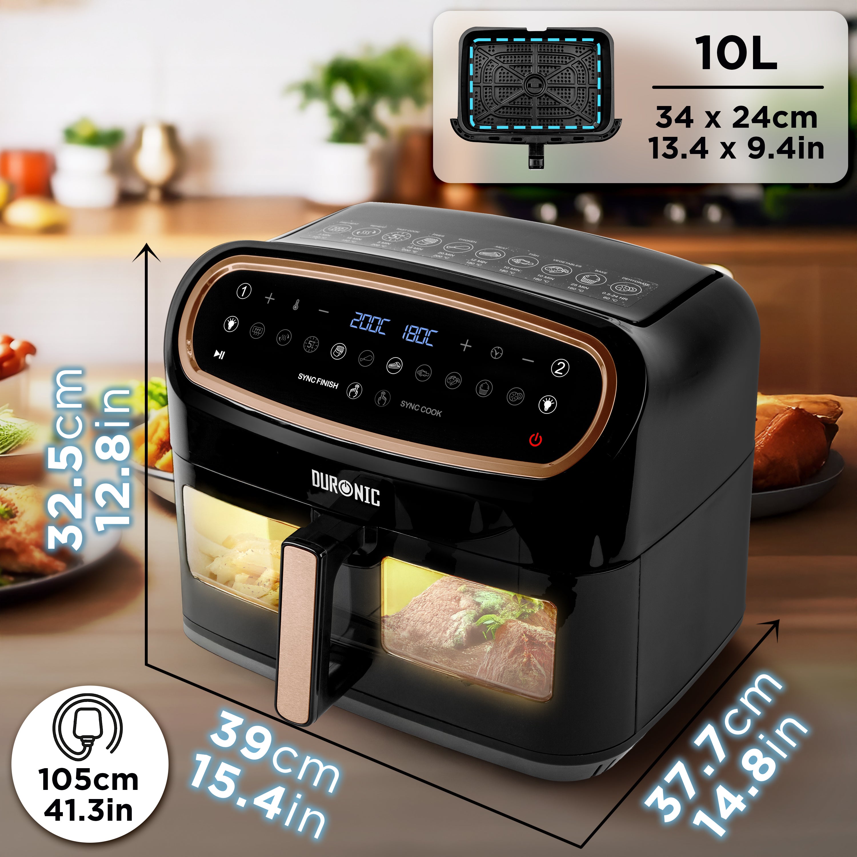 Zoomgoods XXL Digital Air Fryer AF14 BG 10L Family Size Air Fryers Double Drawer 10in1 Dual Zone Extra Large AirFryer with window for Family Cooking with Dishwasher Safe Non-Stick Basket Black & Gold