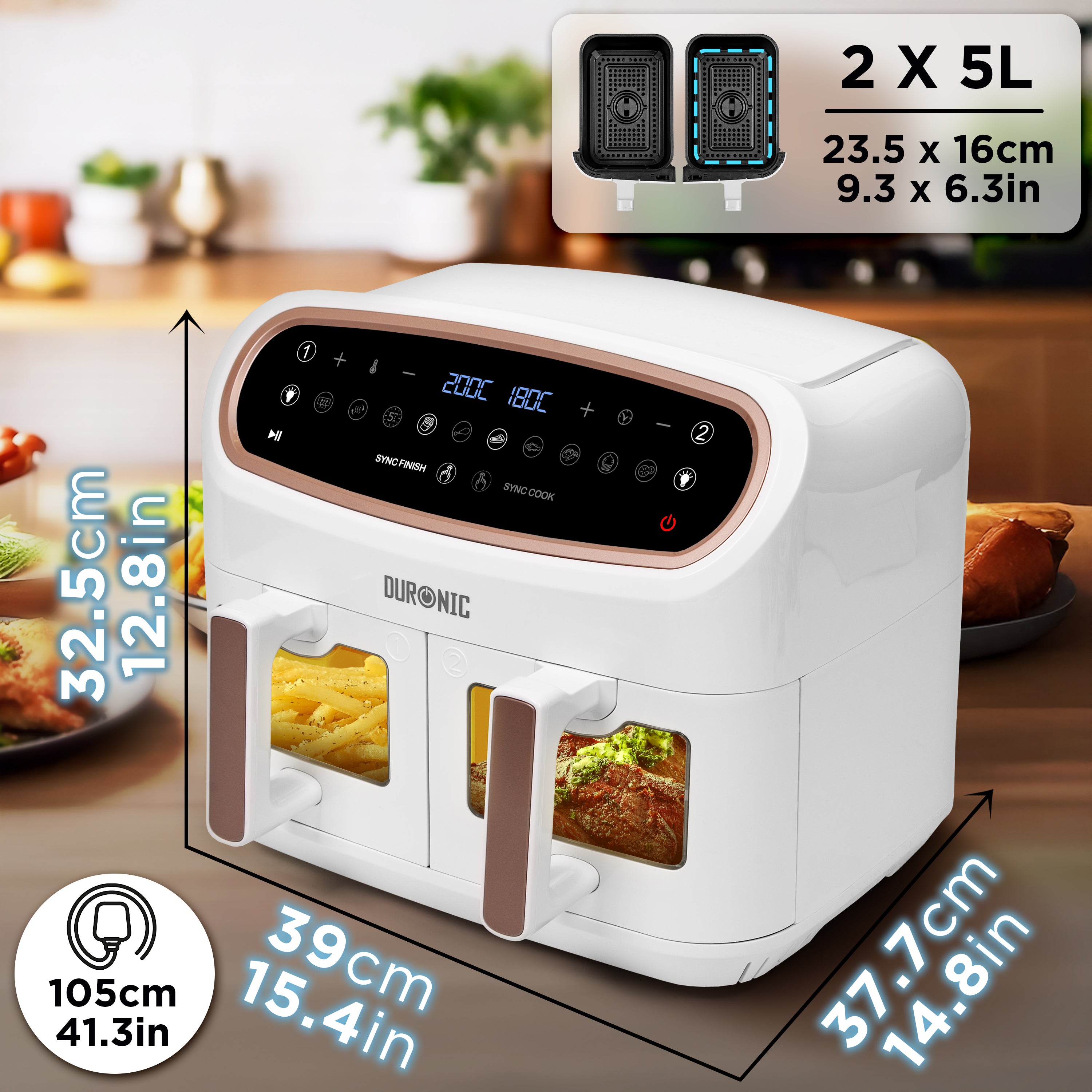 Zoomgoods XXL Digital Air Fryer AF24 WG 10L Family Size Air Fryers Oil Free Double Drawer 10in1 Dual Zone Extra Large AirFryer with window for Family Cooking with Dishwasher Safe Non-Stick Baskets White