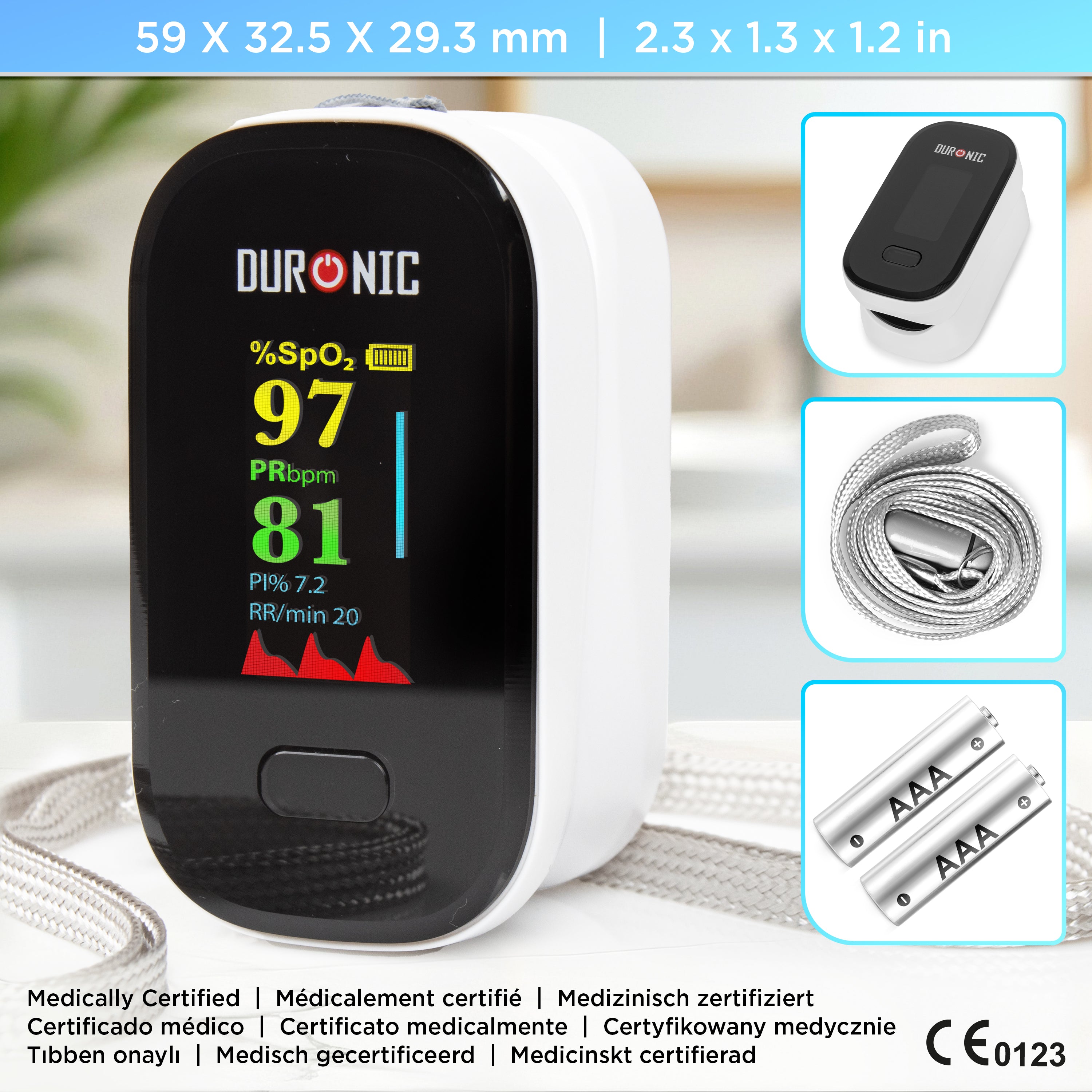 Zoomgoods Finger Pulse Oximeter OX02 Blood Oxygen Saturation & Pulse Rate Monitor CE Certified SpO2 Fingertip Monitor for Home Use Portable Latex Free Oximeters with Digital Display & Lanyard