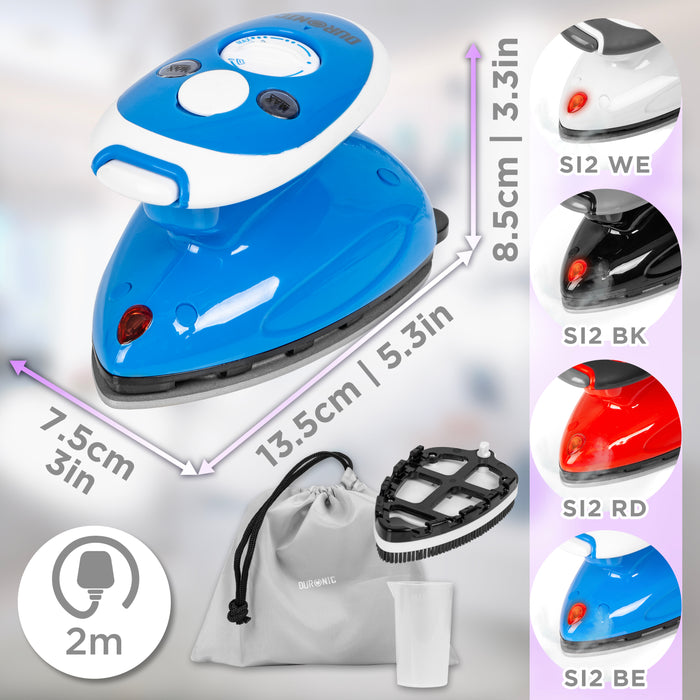 Zoomgoods Travel Iron Si2 BE Mini Compact Steamer Quilting Iron 375W 50ml Capacity With Brush and Variable Heat Settings, Patchwork, Applique, Craft For Holiday Blue