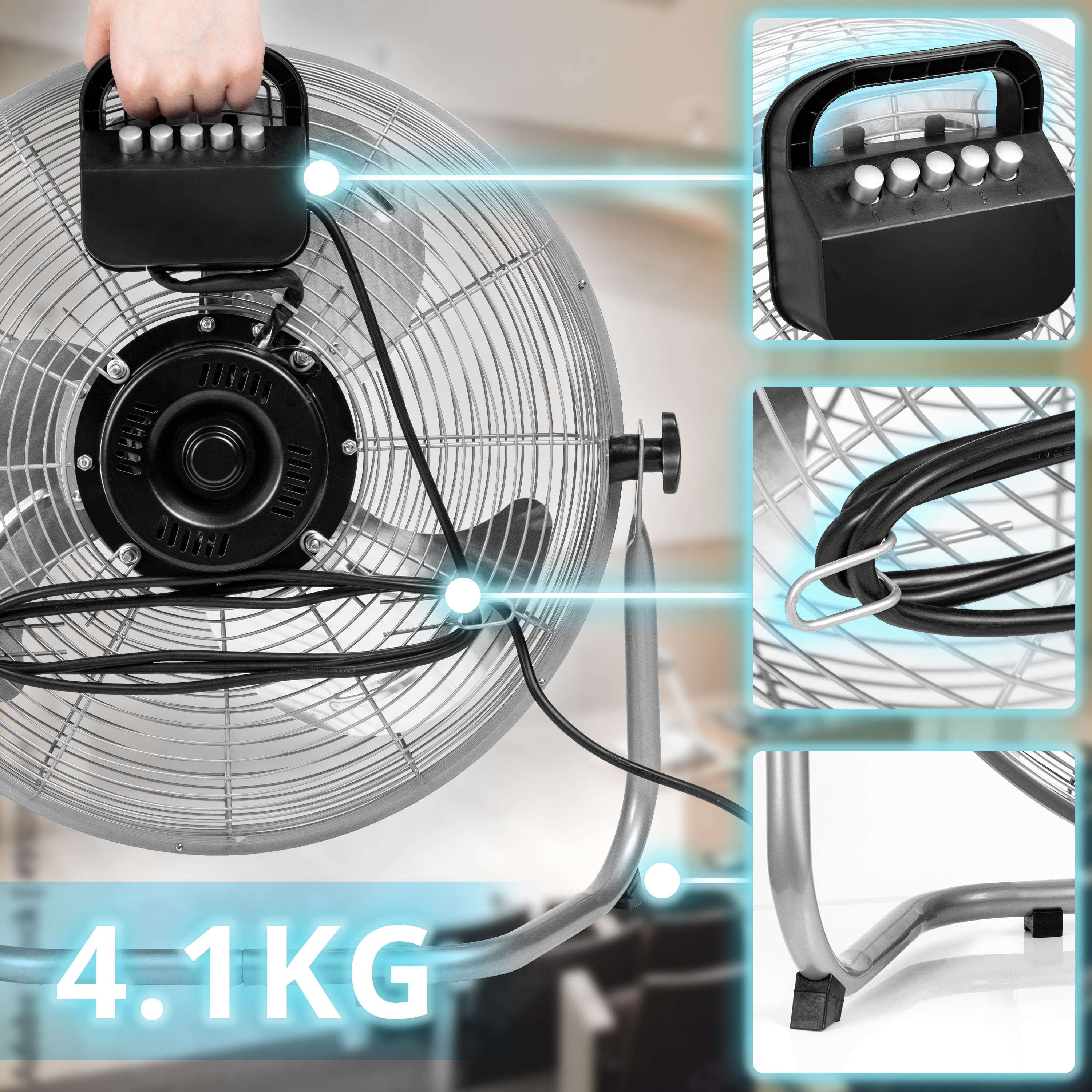 Zoomgoods Floor Fan FN16, Electric Cooling Fan, Portable Pedestal Stand, Lightweight Adjustable Tilt, 3 Chrome Blades, 4 Speeds, High Velocity Industrial Floor Standing Fan for Home Bedroom Office Gym