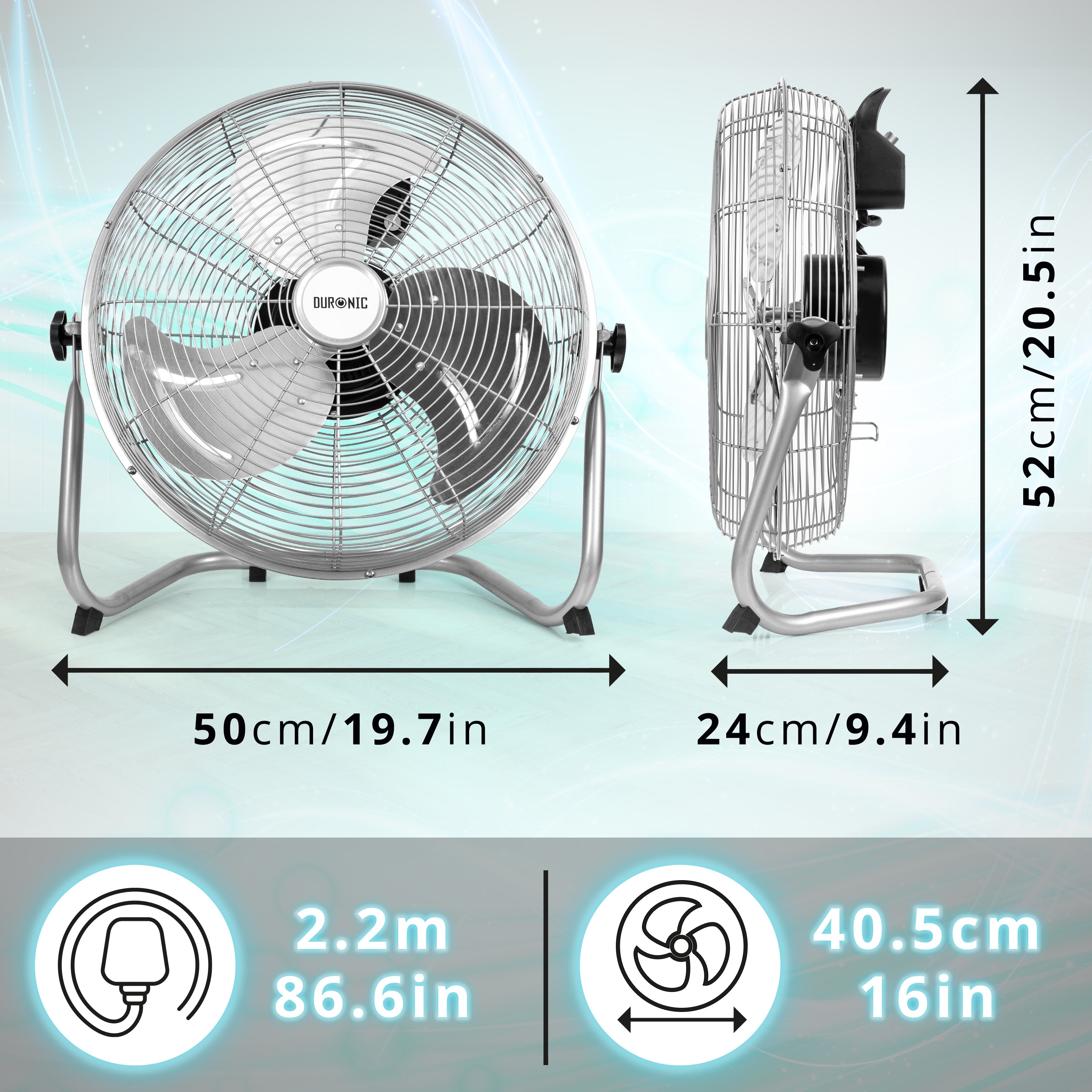 Zoomgoods Floor Fan FN16, Electric Cooling Fan, Portable Pedestal Stand, Lightweight Adjustable Tilt, 3 Chrome Blades, 4 Speeds, High Velocity Industrial Floor Standing Fan for Home Bedroom Office Gym
