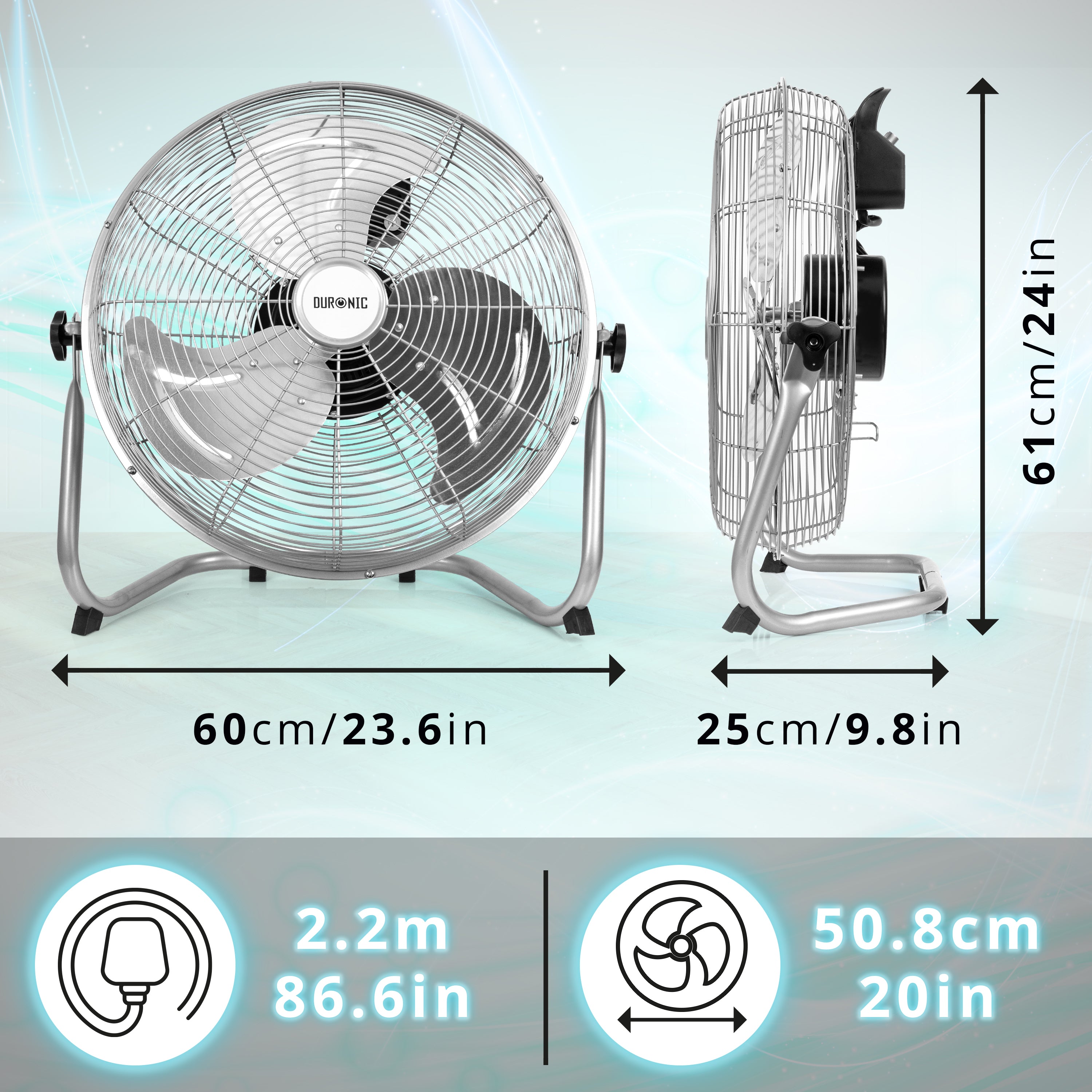Zoomgoods Floor Fan FN20, Electric Cooling Fan, Portable Pedestal Stand, Lightweight Adjustable Tilt, 3 Chrome Blades, 4 Speeds, High Velocity Industrial Floor Standing Fan for Home Bedroom Office Gym
