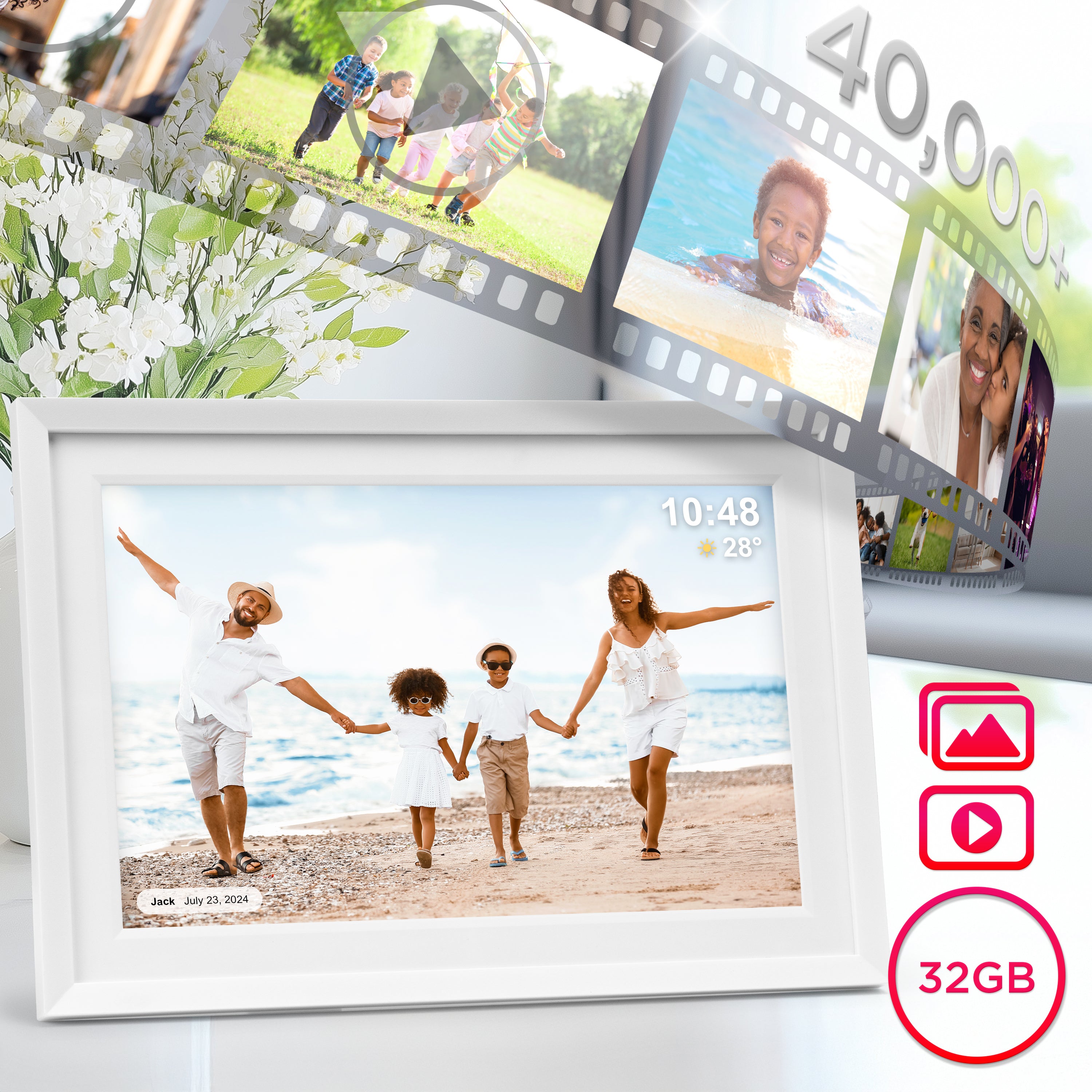 Zoomgoods Digital Photo Frame PF2A WE Frameo 10.1” Electronic Photo Album 800x1200 WiFi Photoframe with Phone App Touchscreen Video Player White Picture Frame for Birthday Engagement Gifts Family
