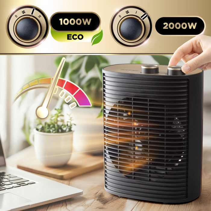Zoomgoods HV32 BK Electric Fan Heater 2in1 Portable Heater with Fan Compact 2kW Space Heaters Energy Efficient Desk Fans with Adjustable Temperature Thermostat and Safety Features for Home Office BLACK
