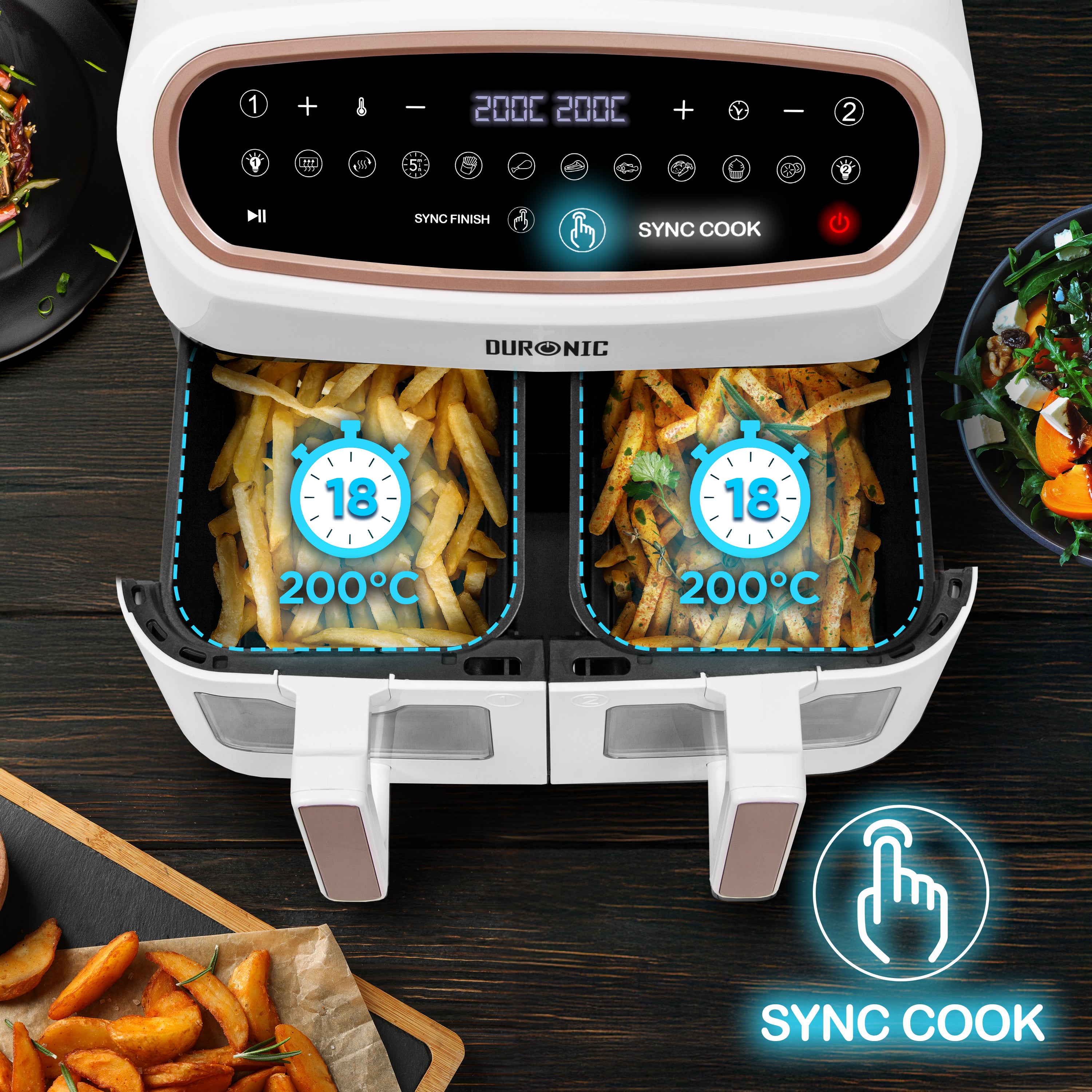 Zoomgoods XXL Digital Air Fryer AF24 WG 10L Family Size Air Fryers Oil Free Double Drawer 10in1 Dual Zone Extra Large AirFryer with window for Family Cooking with Dishwasher Safe Non-Stick Baskets White