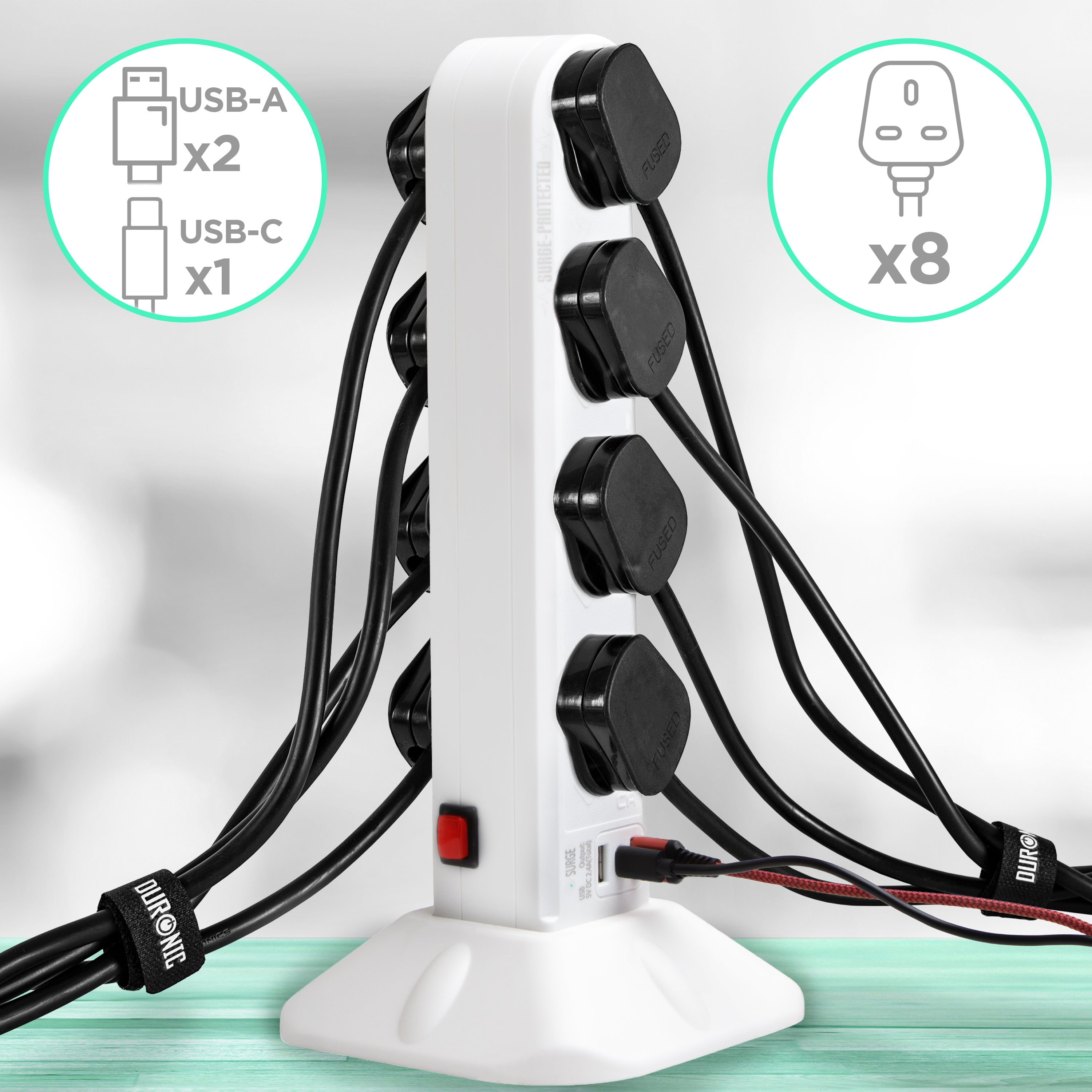 Zoomgoods Surge Protected Extension Lead ST8W Tower Extension Leads with USB Multiplug Adapter Cord for UK Plugs 8 Way with 2x USB Slots and 1x USB-C Slot Long White Power Cords Multi Outlet Socket