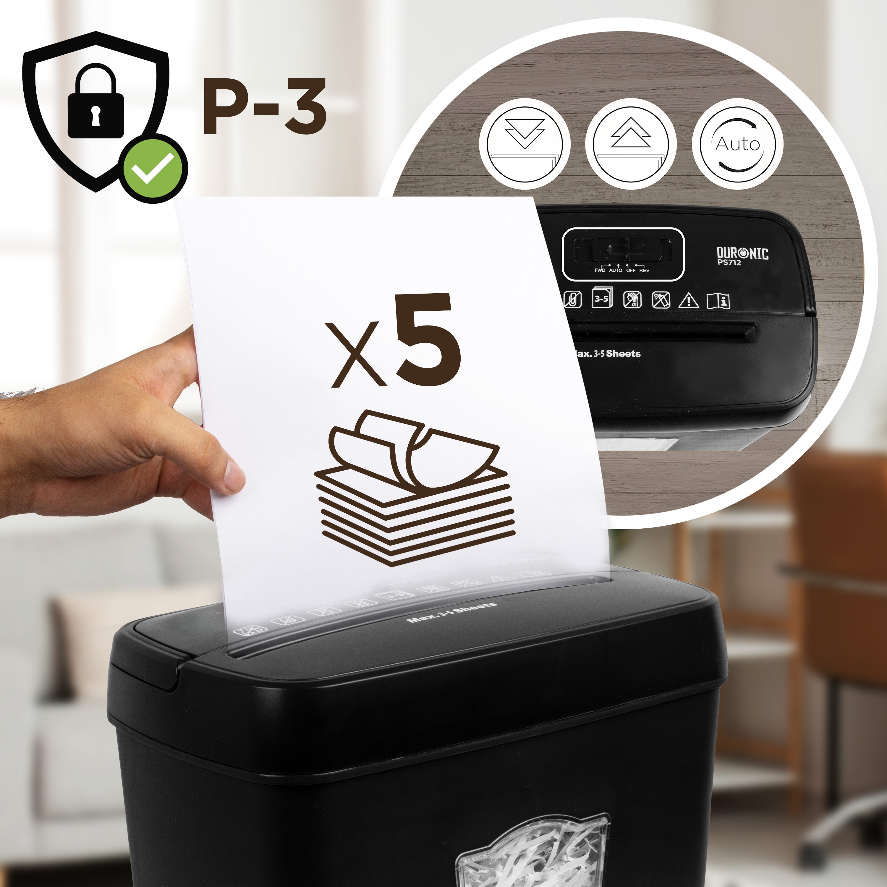 Zoomgoods Cross Cut Paper Shredder PS712, Shred 5 Sheet Heavy Duty Small Mini Electric Shredders, Data Shredding Machine for Home Office Use, Shreds Papers, Credit Cards, Envelopes, Documents - Black P4