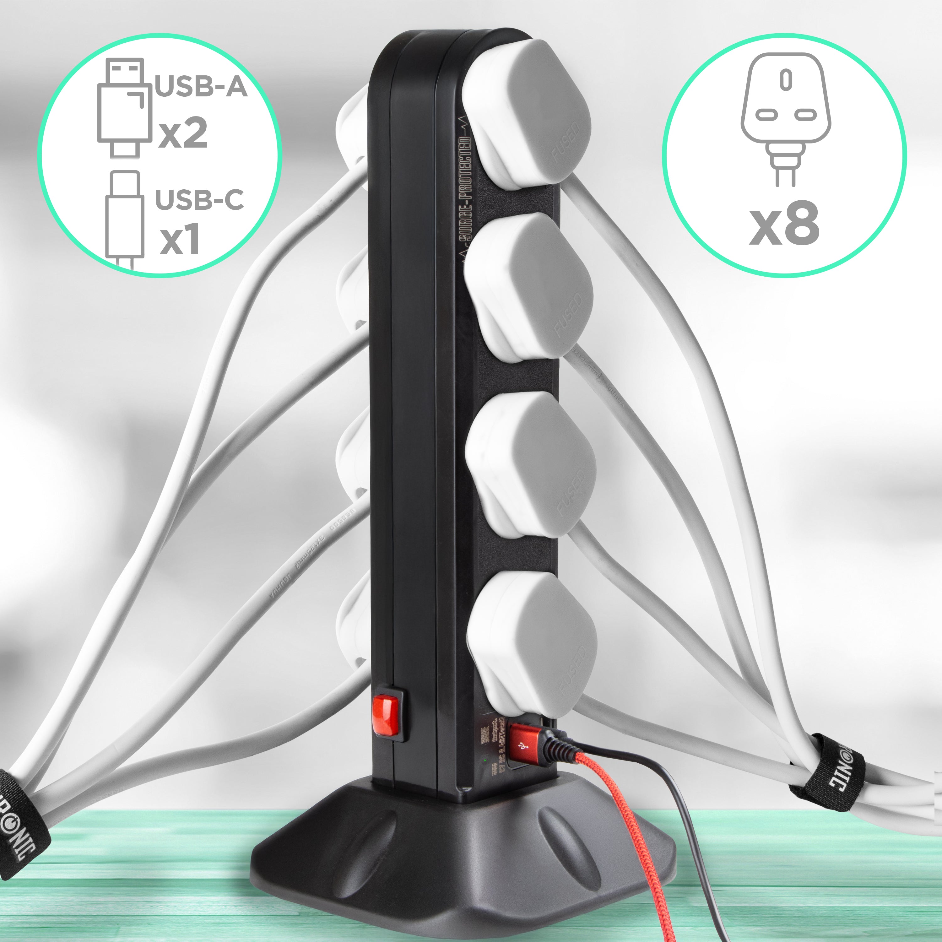 Zoomgoods Surge Protected Extension Lead ST8B Tower Extension Leads with USB Multiplug Adapter Cord for UK Plugs 8 Way with 2x USB Slots and 1x USB-C Slot Long Black Power Cords Multi Outlet Socket