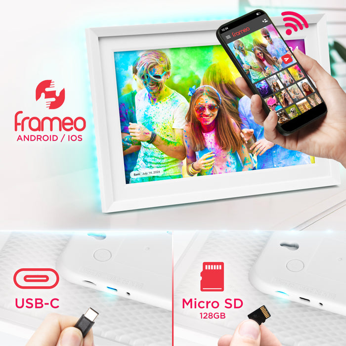 Zoomgoods Digital Photo Frame PF2A WE Frameo 10.1” Electronic Photo Album 800x1200 WiFi Photoframe with Phone App Touchscreen Video Player White Picture Frame for Birthday Engagement Gifts Family