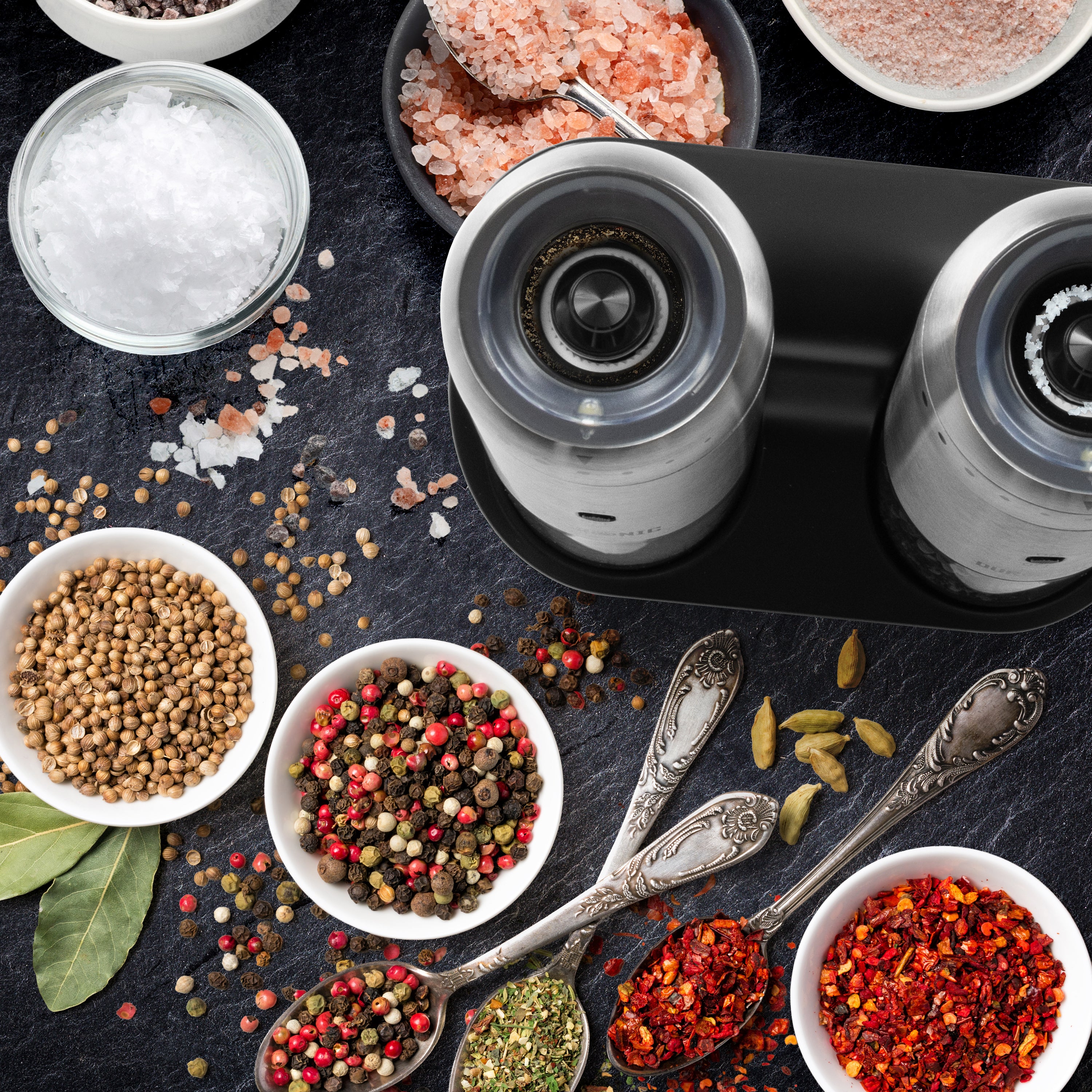 Zoomgoods EMU3 Electric Salt and Pepper Grinder Set 25W Two Automatic Gravity Salt Shakers Rechargeable Pepper Mills One Handed Spice Grinder with LED Light, Adjustable Coarseness