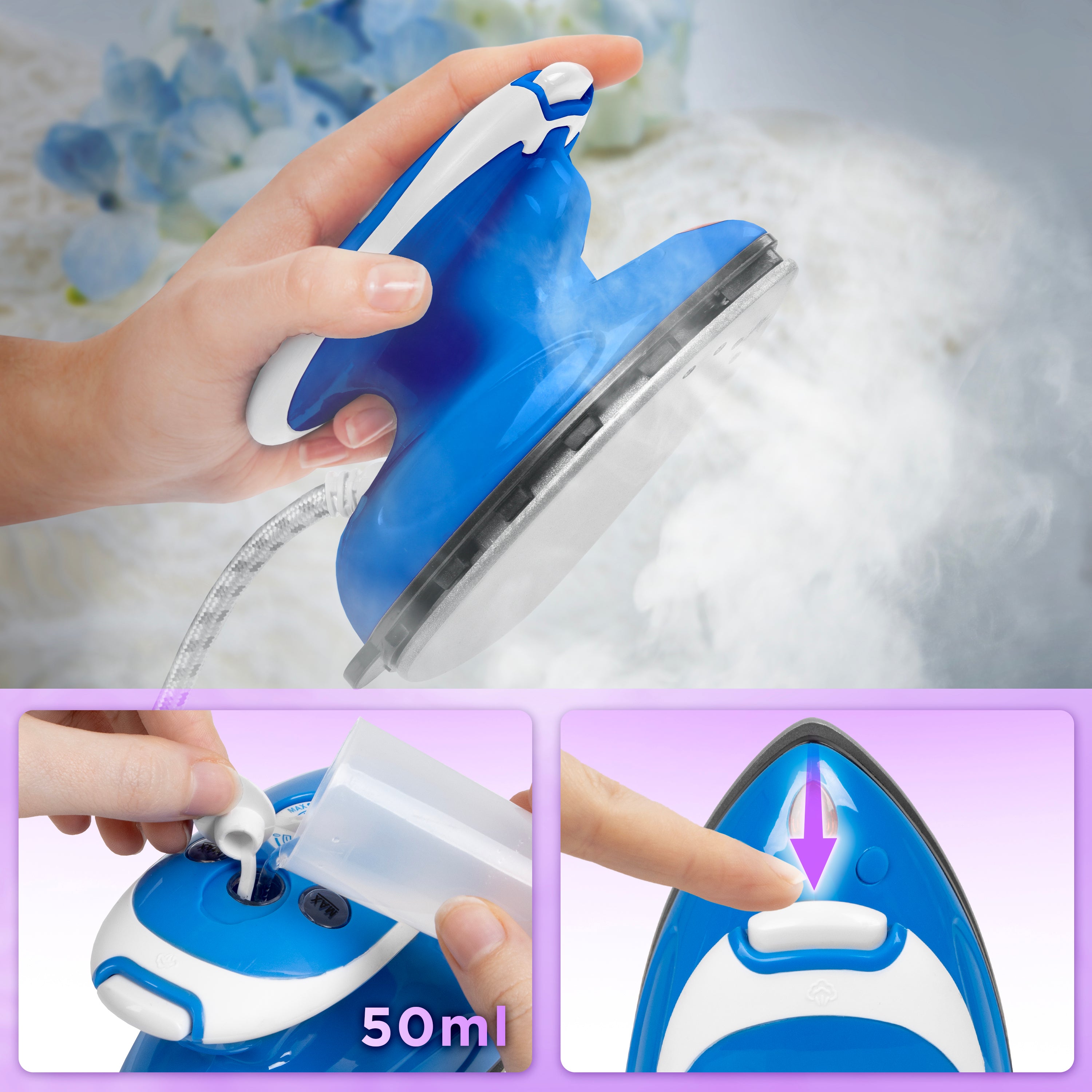 Zoomgoods Travel Iron Si2 BE Mini Compact Steamer Quilting Iron 375W 50ml Capacity With Brush and Variable Heat Settings, Patchwork, Applique, Craft For Holiday Blue