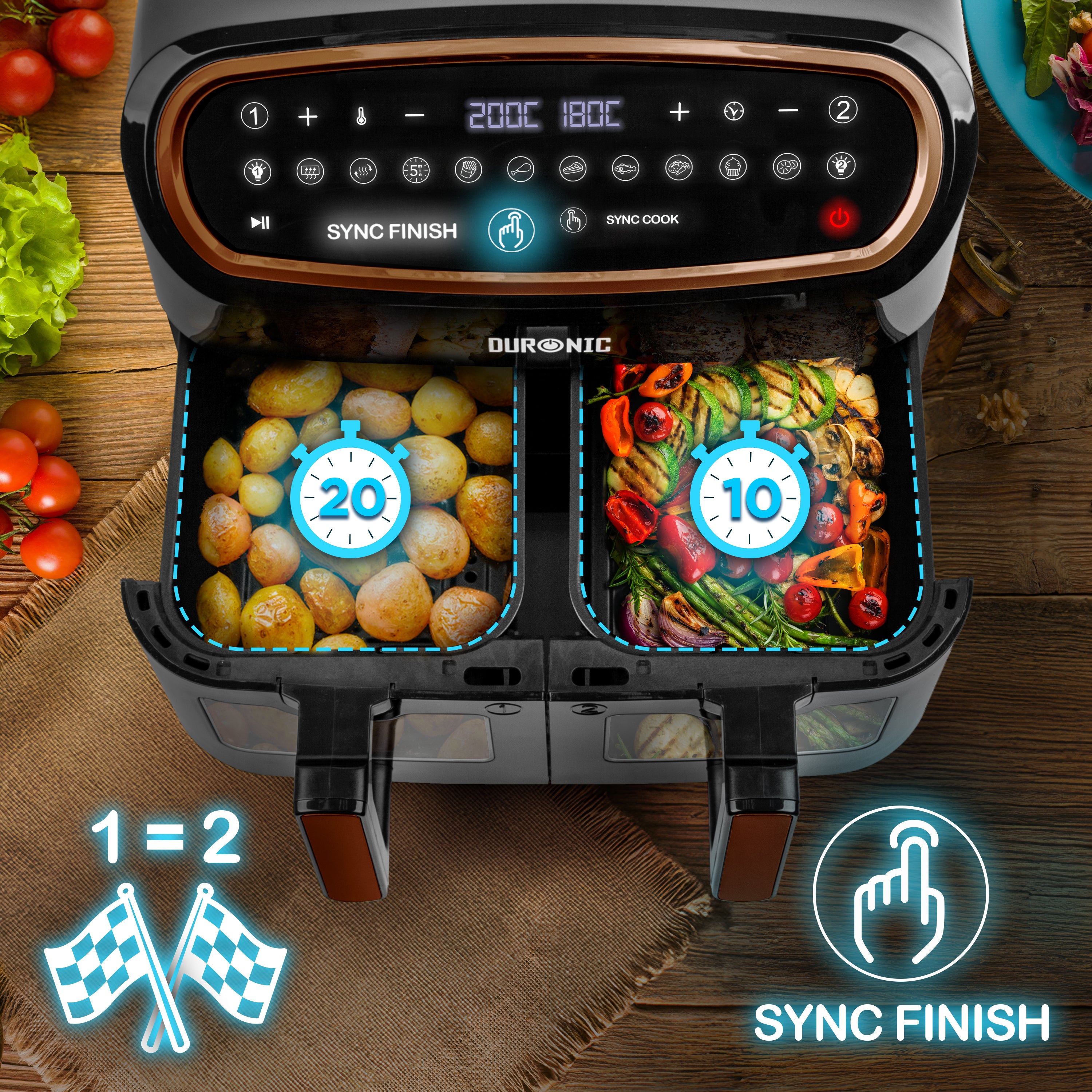 Zoomgoods XXL Digital Air Fryer AF24 BG 10L Family Size Air Fryers Double Drawer 10in1 Dual Zone Extra Large AirFryer with Window for Cooking with Dishwasher Safe Non-Stick Baskets Black & Gold