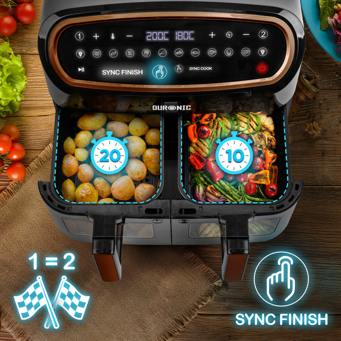 Zoomgoods XXL Digital Air Fryer AF24 BG 10L Family Size Air Fryers Double Drawer 10in1 Dual Zone Extra Large AirFryer with Window for Cooking with Dishwasher Safe Non-Stick Baskets Black & Gold