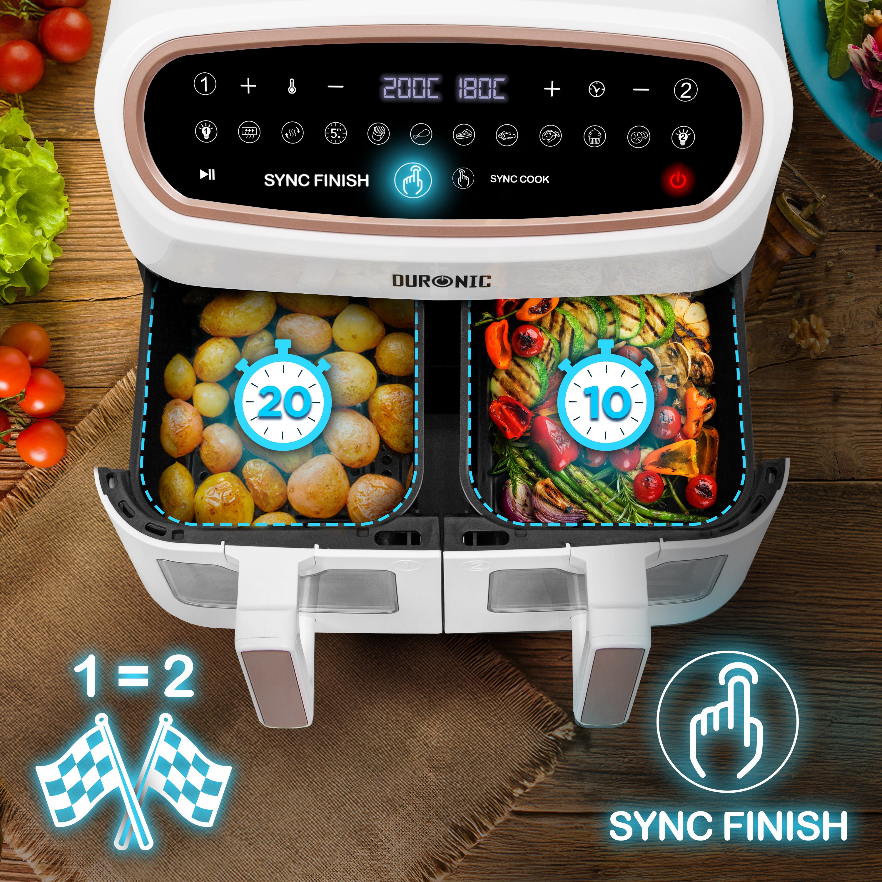 Zoomgoods XXL Digital Air Fryer AF24 WG 10L Family Size Air Fryers Oil Free Double Drawer 10in1 Dual Zone Extra Large AirFryer with window for Family Cooking with Dishwasher Safe Non-Stick Baskets White