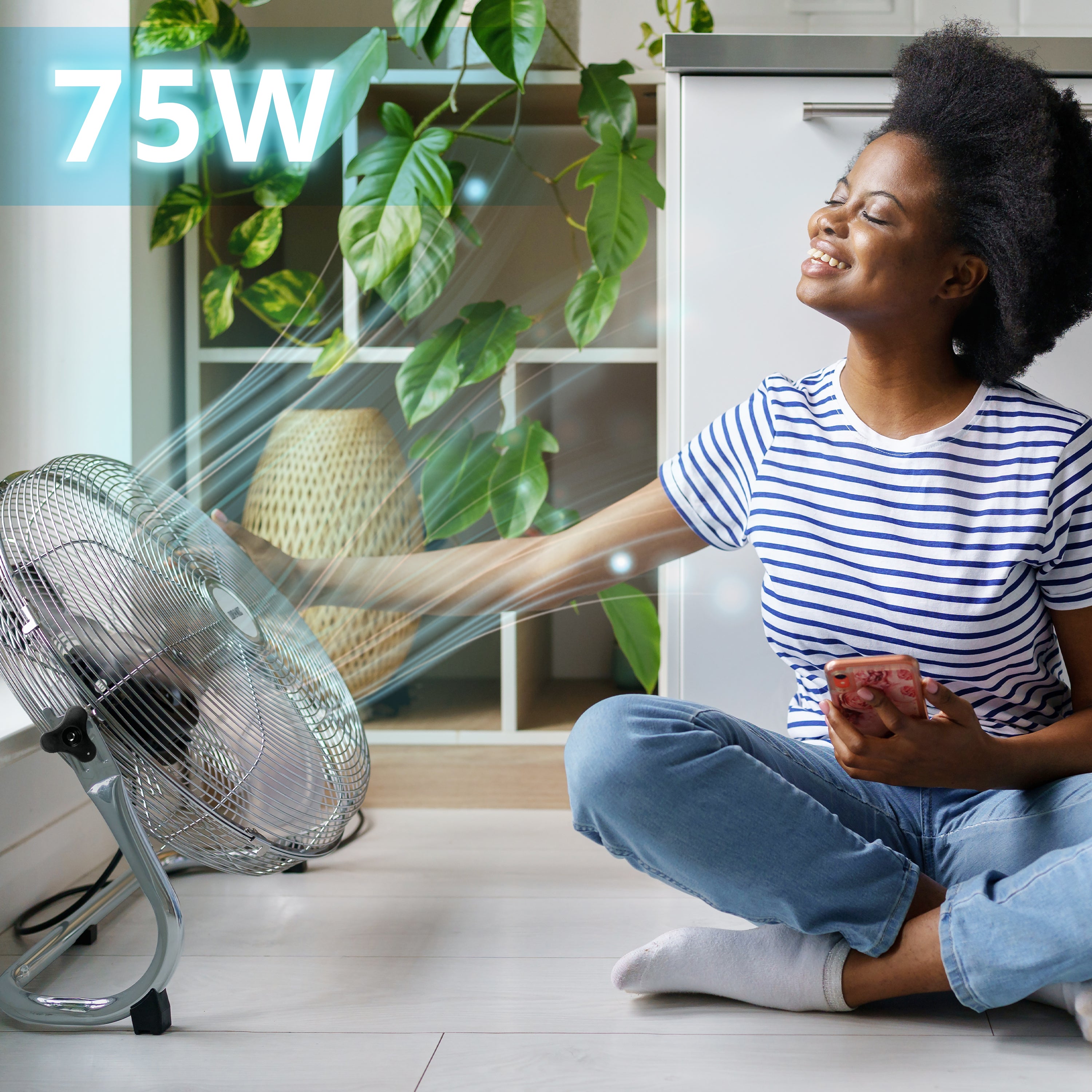 Zoomgoods Floor Fan FN16, Electric Cooling Fan, Portable Pedestal Stand, Lightweight Adjustable Tilt, 3 Chrome Blades, 4 Speeds, High Velocity Industrial Floor Standing Fan for Home Bedroom Office Gym