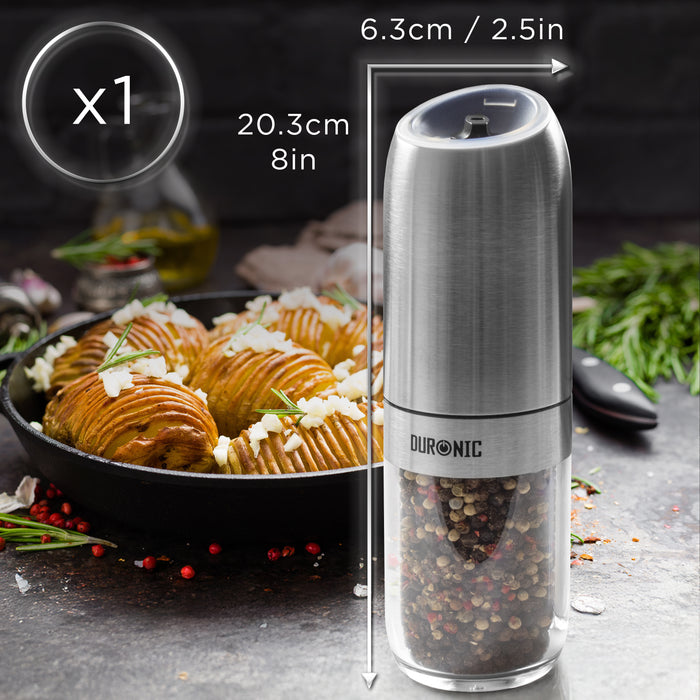 Zoomgoods EMB1 Electric Salt and Pepper Grinder 25W Automatic Gravity Salt Shaker Battery Powered Pepper Mills, One Handed Spice Grinder Combined Mill with LED Light, Adjustable Coarseness