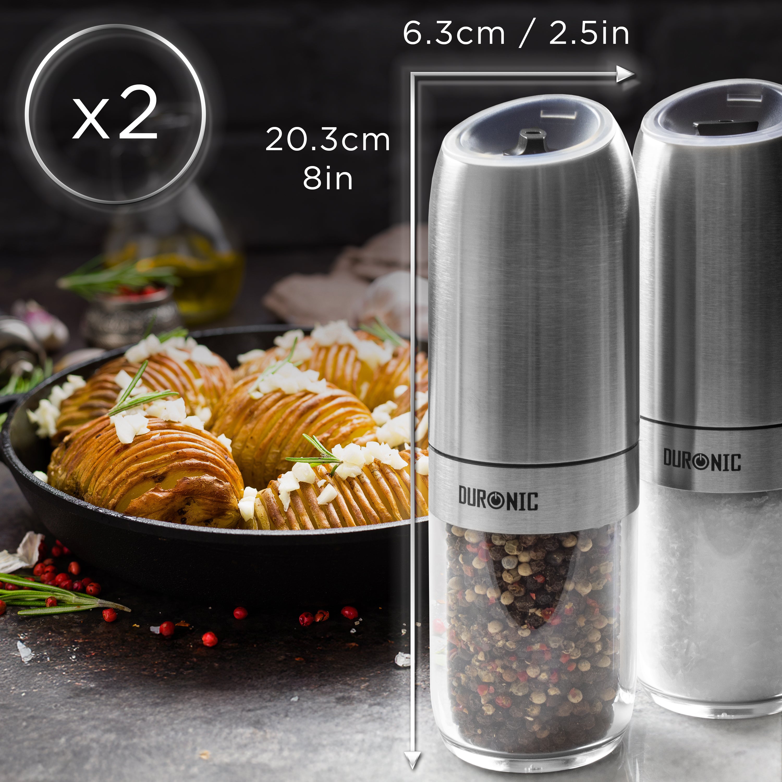 Zoomgoods EMB2 Electric Salt and Pepper Grinder Set 25W Two Automatic Gravity Salt Shakers Battery Powered Pepper Mills One Handed Spice Grinder with LED Light, Adjustable Coarseness
