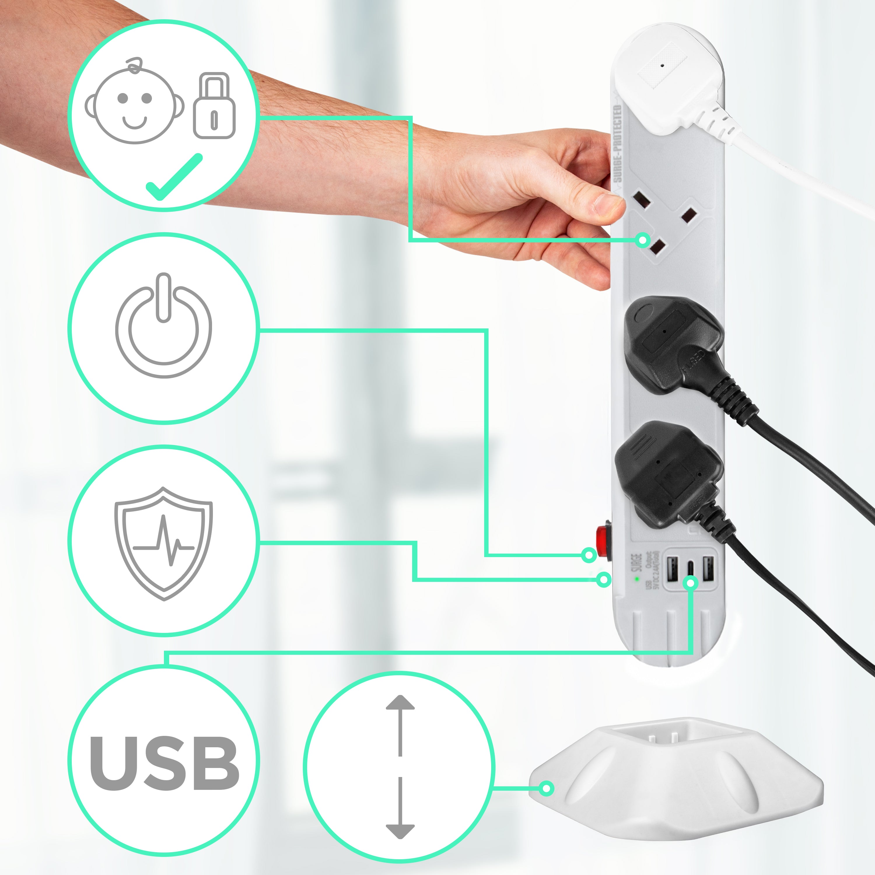 Zoomgoods Surge Protected Extension Lead ST8W Tower Extension Leads with USB Multiplug Adapter Cord for UK Plugs 8 Way with 2x USB Slots and 1x USB-C Slot Long White Power Cords Multi Outlet Socket
