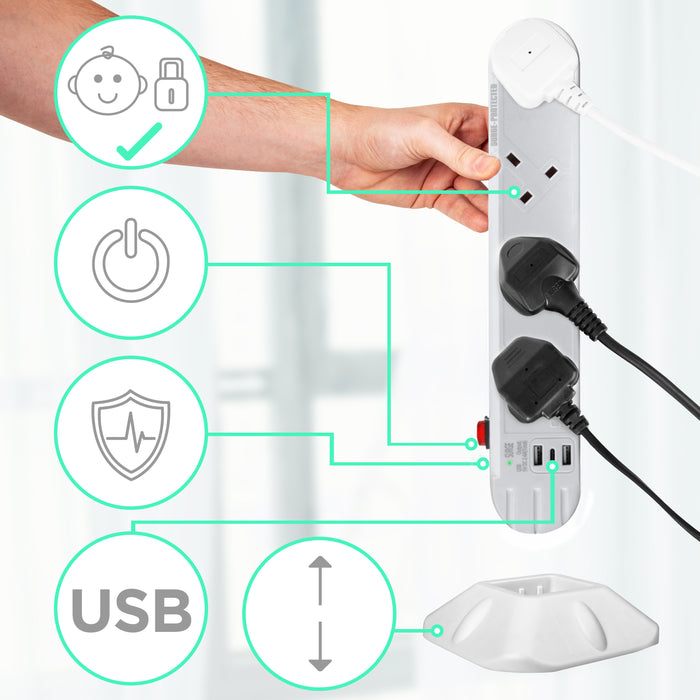 Zoomgoods Surge Protected Extension Lead ST8W Tower Extension Leads with USB Multiplug Adapter Cord for UK Plugs 8 Way with 2x USB Slots and 1x USB-C Slot Long White Power Cords Multi Outlet Socket