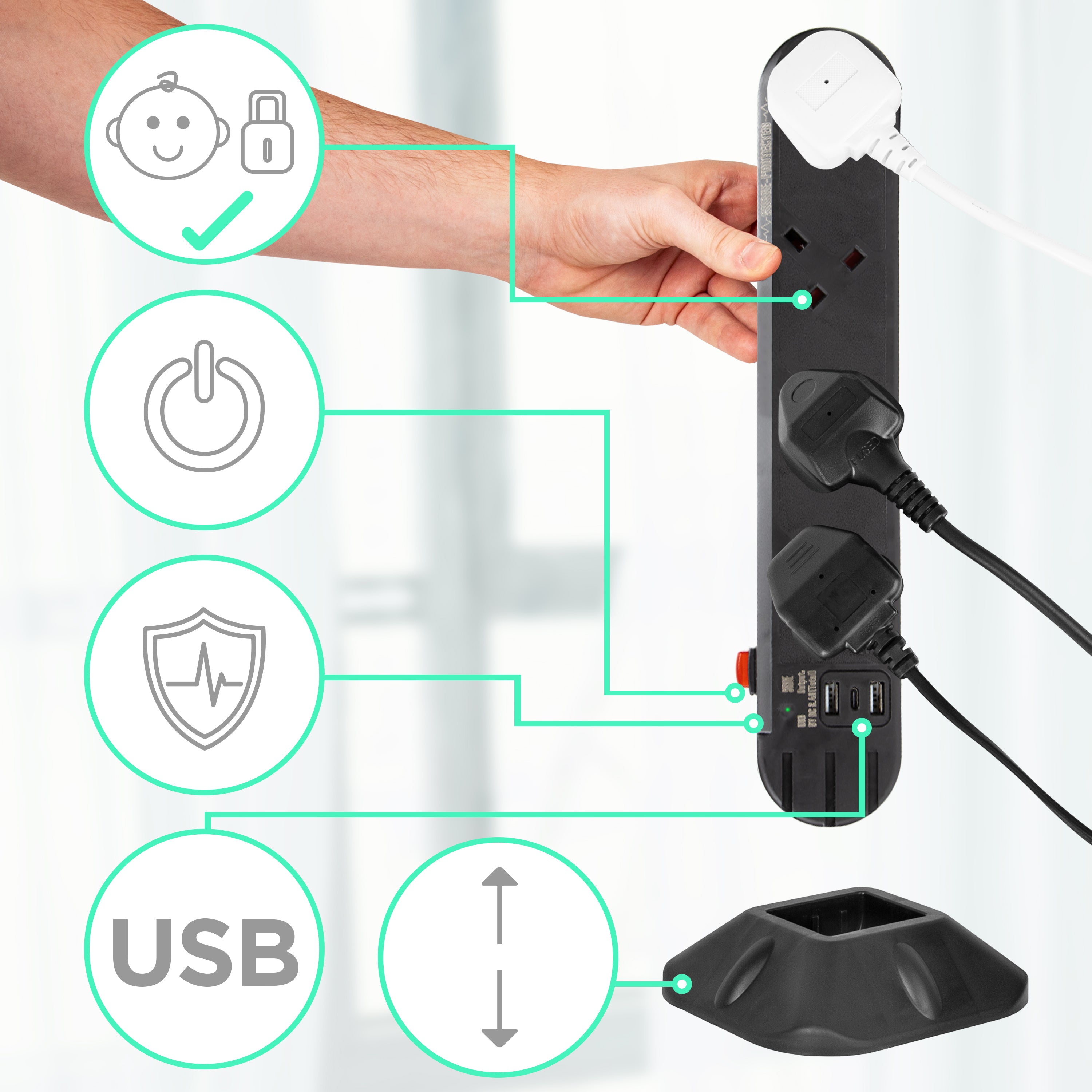 Zoomgoods Surge Protected Extension Lead ST8B Tower Extension Leads with USB Multiplug Adapter Cord for UK Plugs 8 Way with 2x USB Slots and 1x USB-C Slot Long Black Power Cords Multi Outlet Socket